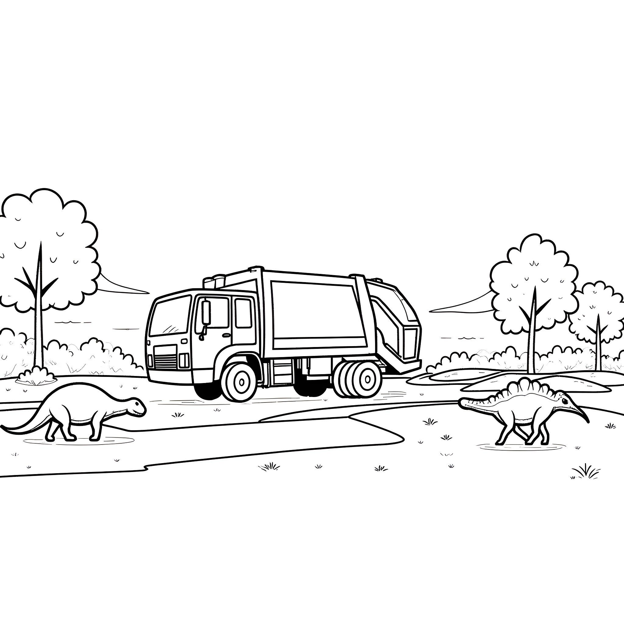 Trash Truck at Work in the Wilderness Coloring Page (free black-and-white line drawing printable PDF for all, from beginners to advanced learners, including children, teens, adults, and seniors)