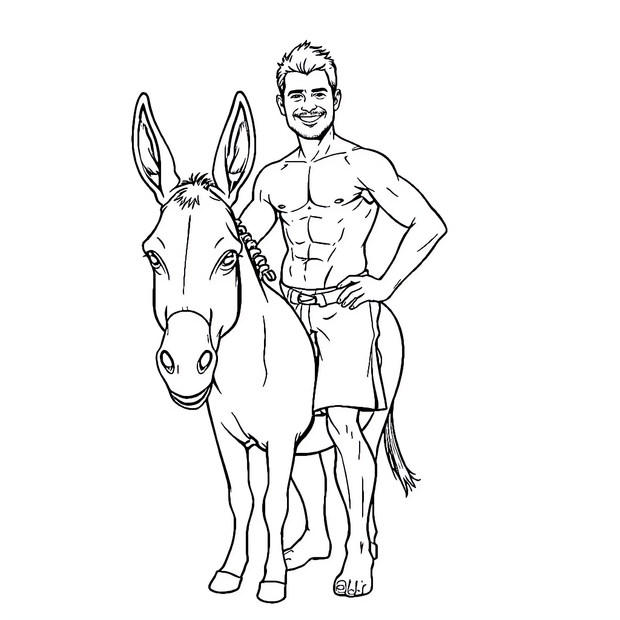 Man standing confidently with a donkey Coloring Page (free black-and-white line drawing printable PDF for all, from beginners to advanced learners, including children, teens, adults, and seniors)