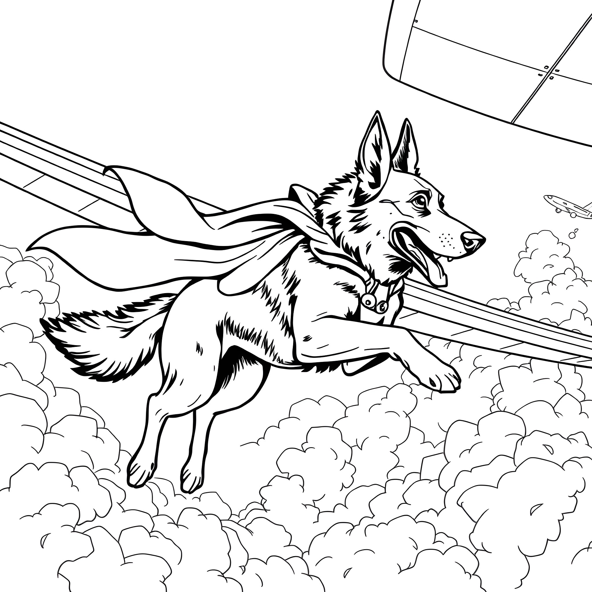 German Shepherd flying heroically through the clouds Coloring Page (free black-and-white line drawing printable PDF for all, from beginners to advanced learners, including children, teens, adults, and seniors)