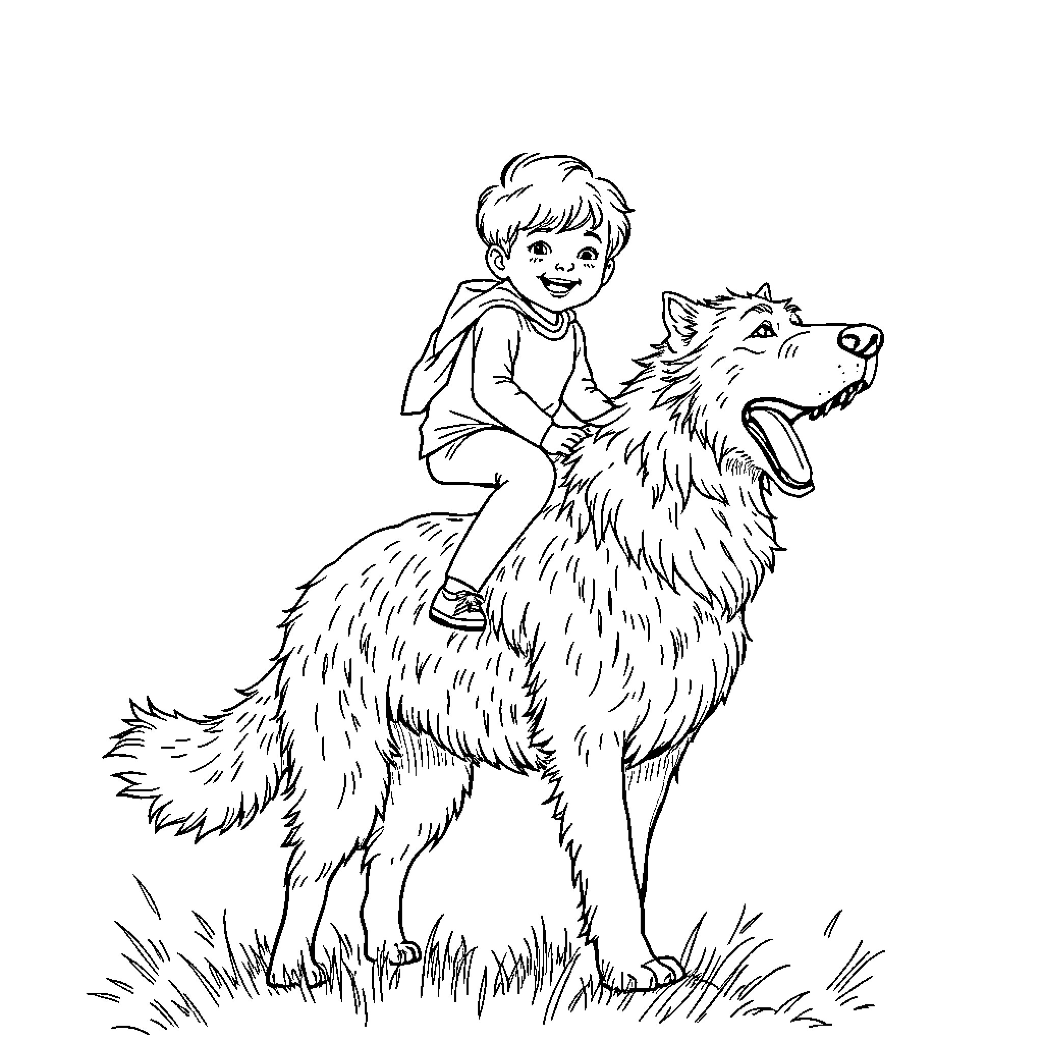 Child riding playfully on a large dog Coloring Page (free black-and-white line drawing printable PDF for all, from beginners to advanced learners, including children, teens, adults, and seniors)