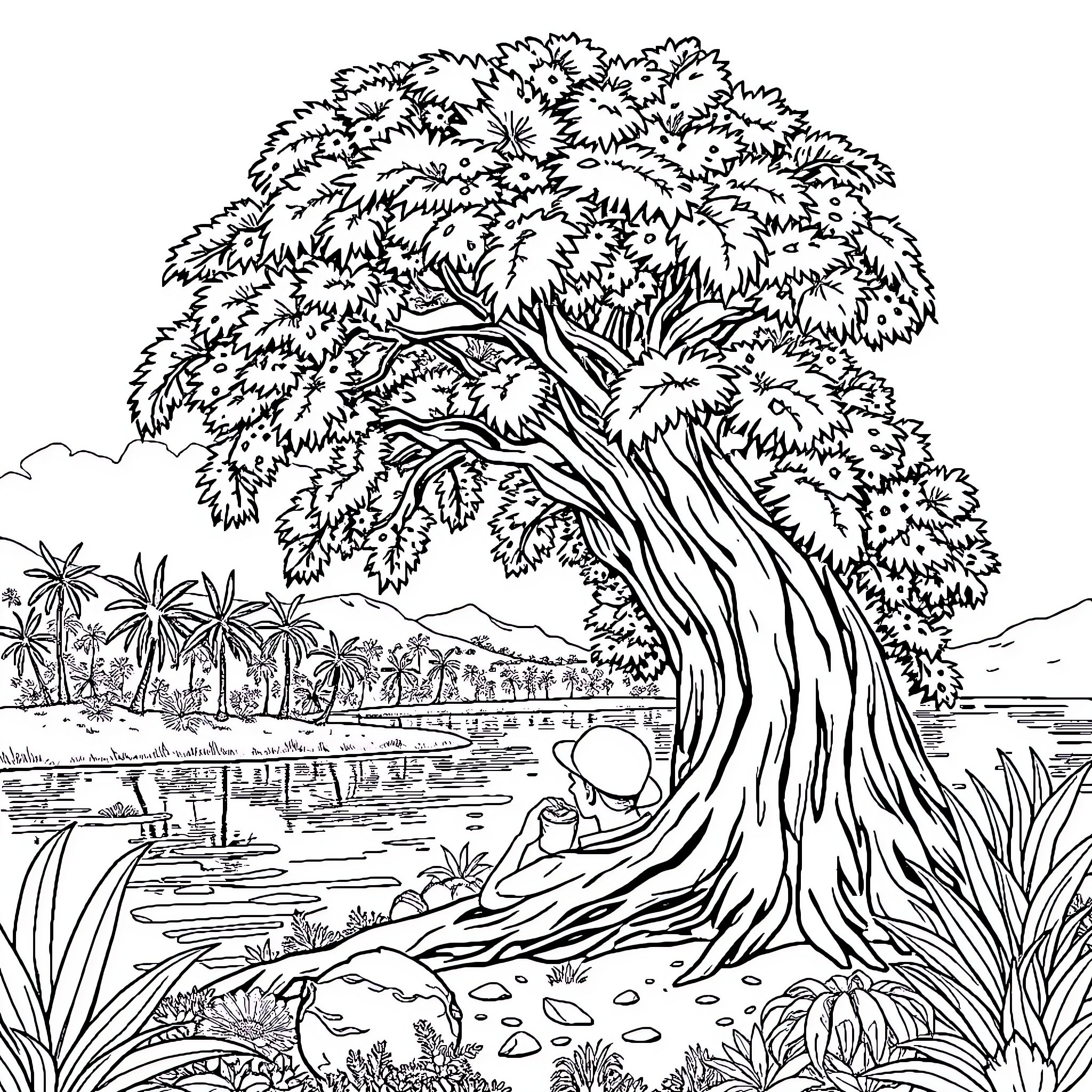 Tree of solitude in tropical landscape Coloring Page (free black-and-white line drawing printable PDF for all, from beginners to advanced learners, including children, teens, adults, and seniors)