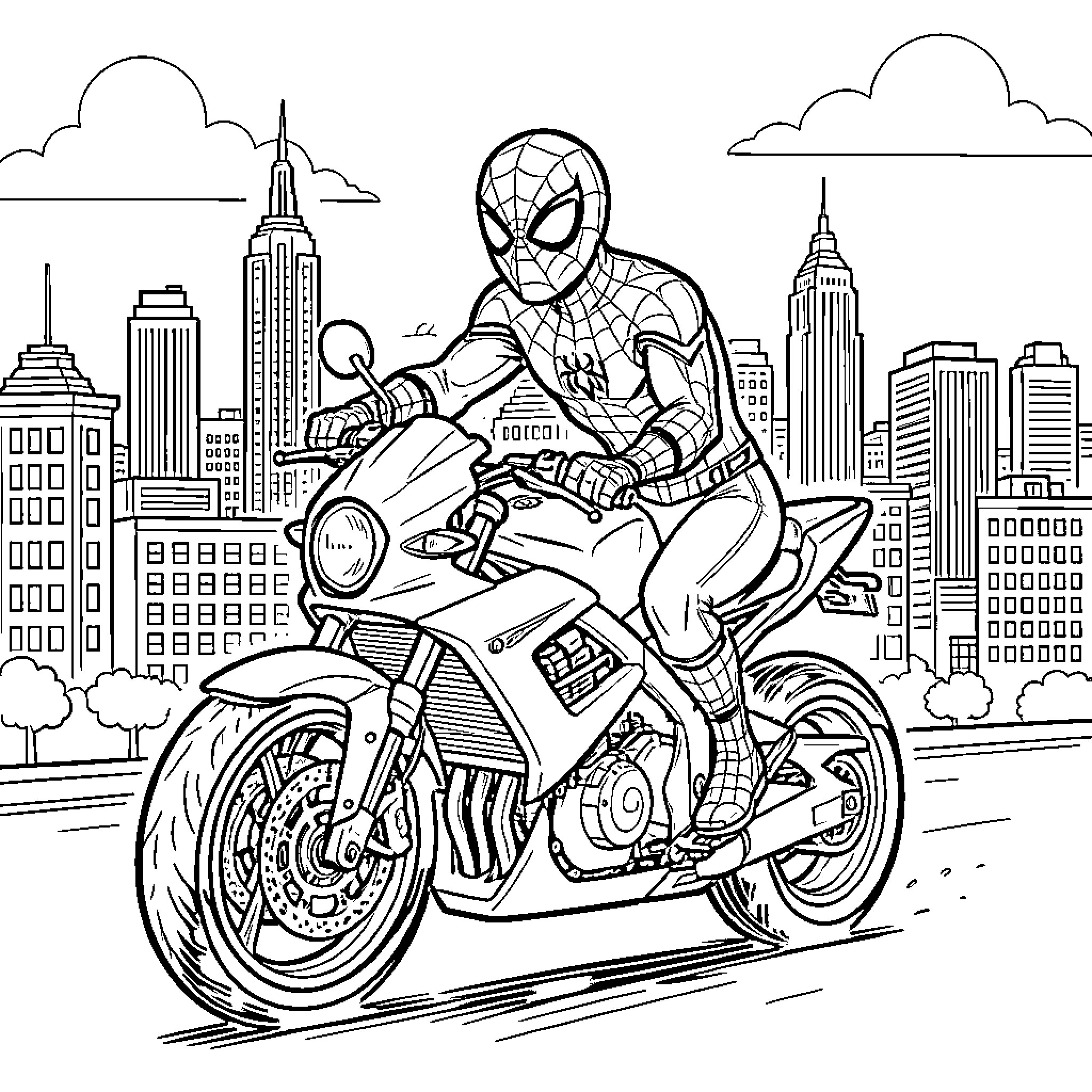 Spidey zooms through city on motorcycle Coloring Page (free black-and-white line drawing printable PDF for all, from beginners to advanced learners, including children, teens, adults, and seniors)