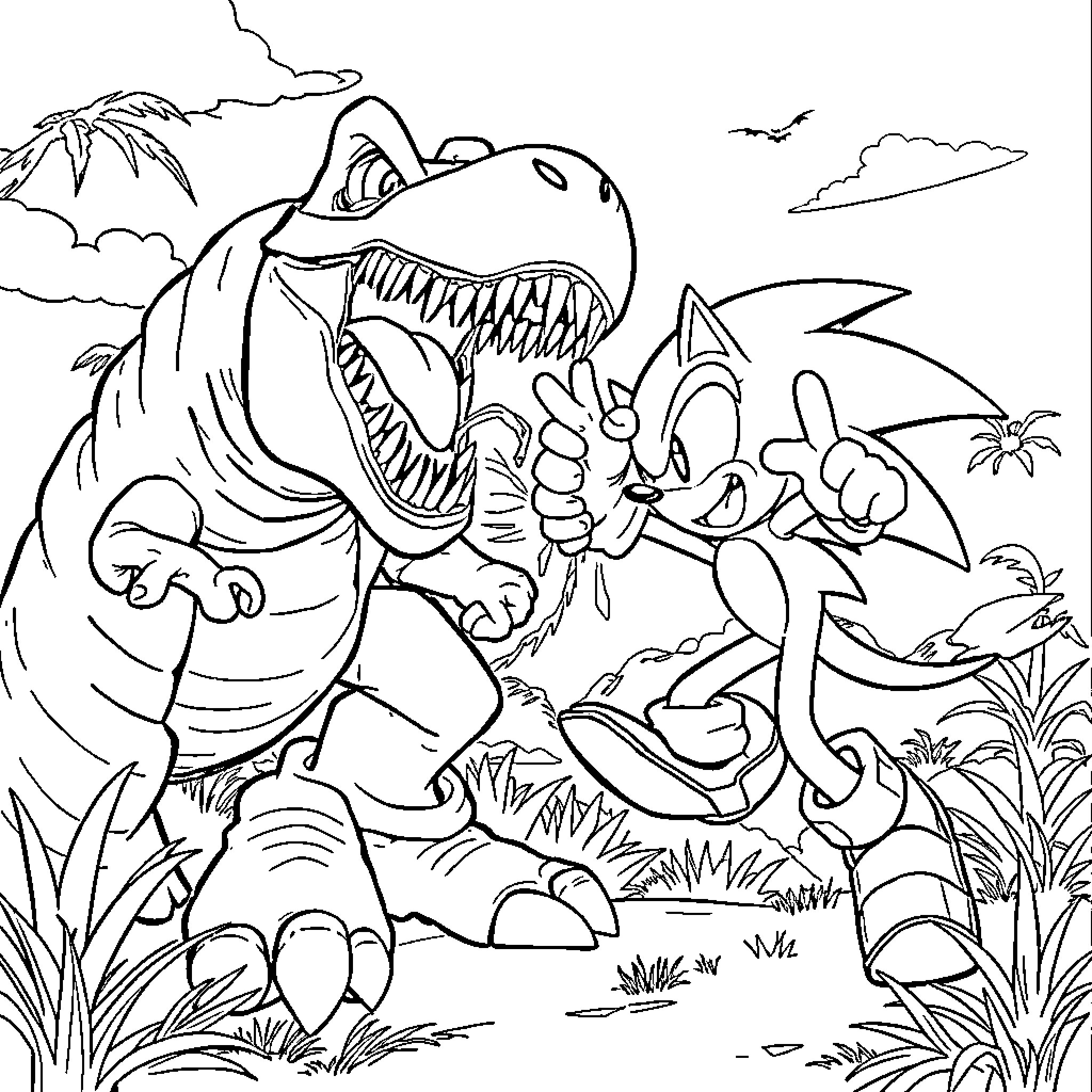 Sonic characters battling ferocious dinosaur in jungle setting Coloring Page (free black-and-white line drawing printable PDF for all, from beginners to advanced learners, including children, teens, adults, and seniors)