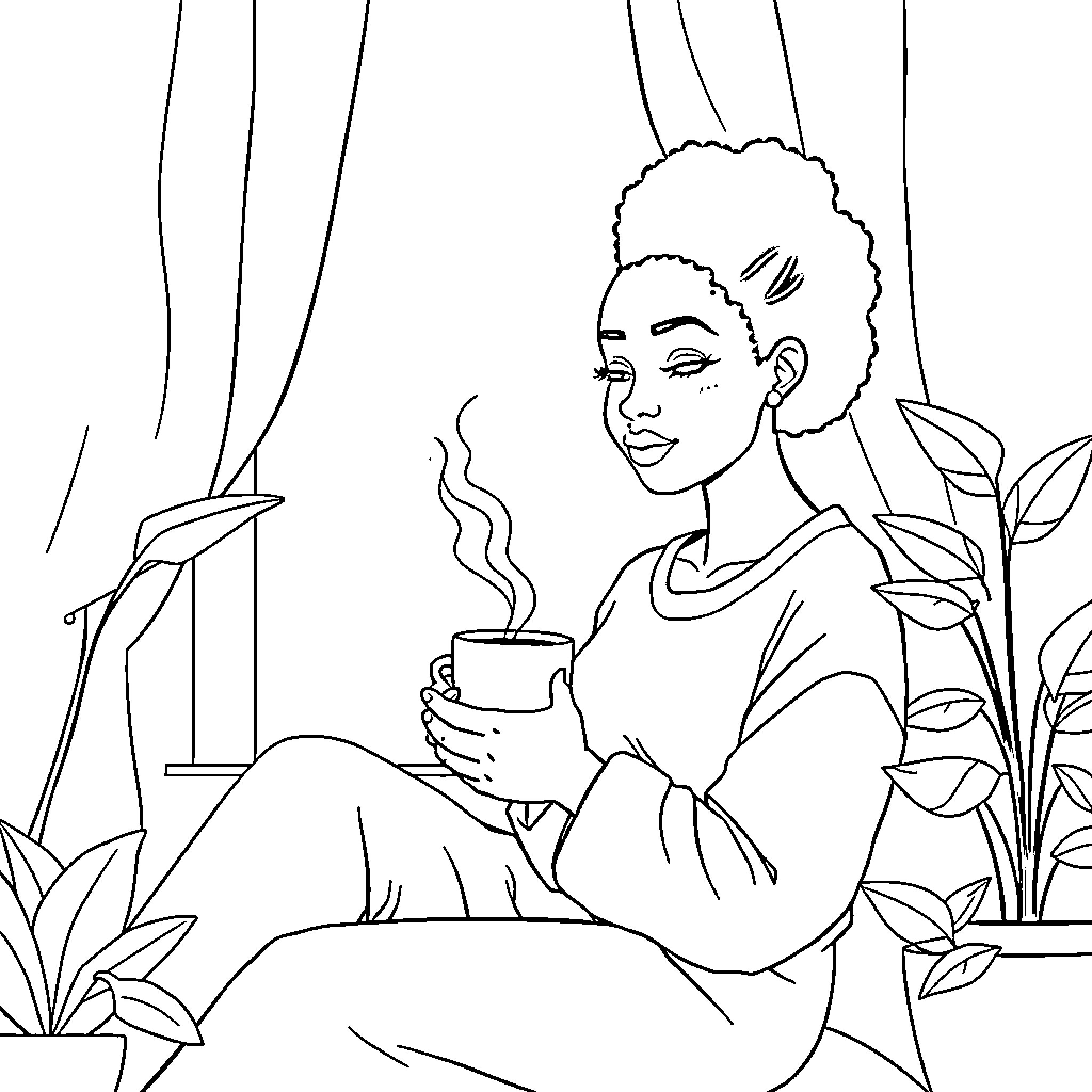Woman enjoying a relaxing moment with a warm beverage Coloring Page (free black-and-white line drawing printable PDF for all, from beginners to advanced learners, including children, teens, adults, and seniors)