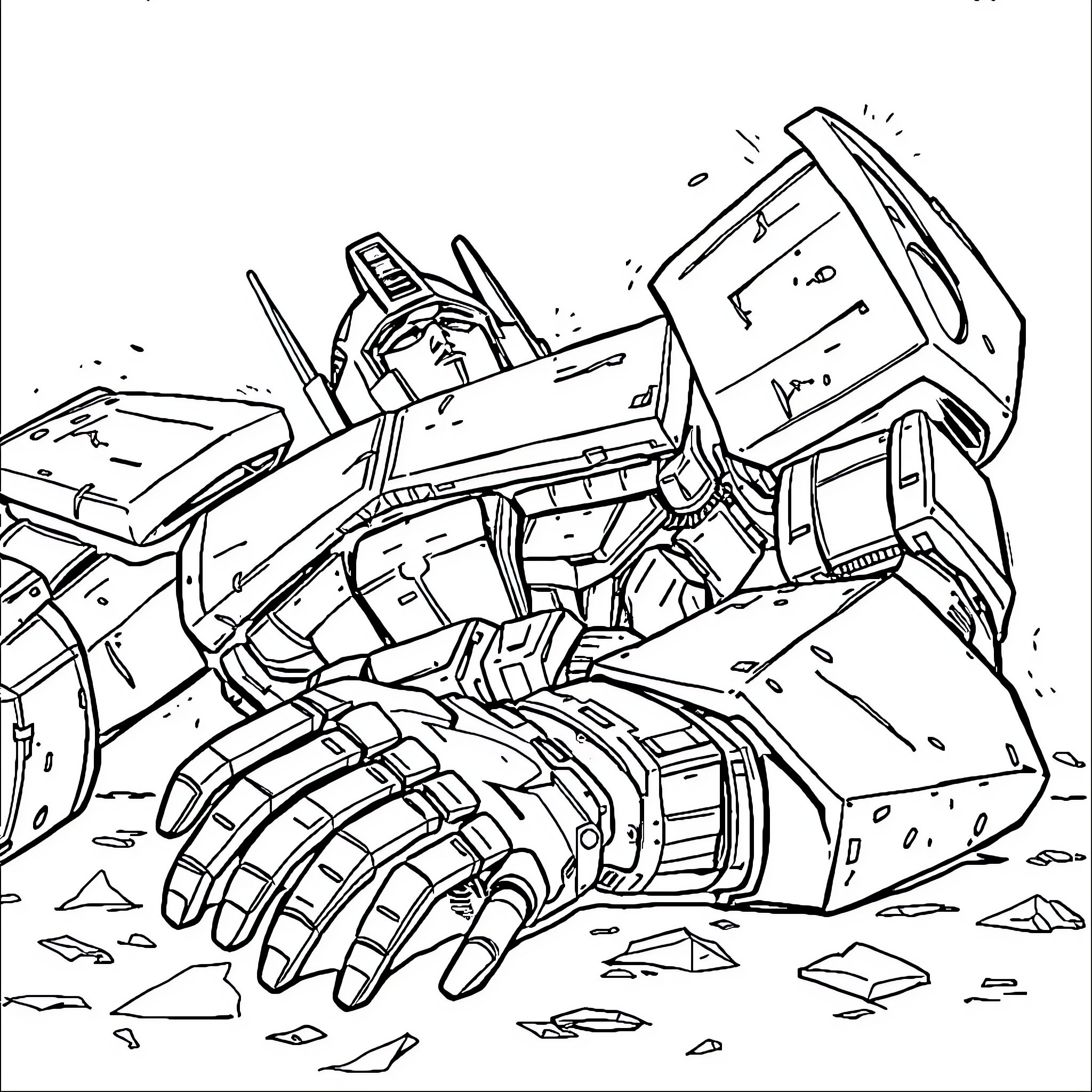 Optimus Prime in epic battle stance Coloring Page (free black-and-white line drawing printable PDF for all, from beginners to advanced learners, including children, teens, adults, and seniors)