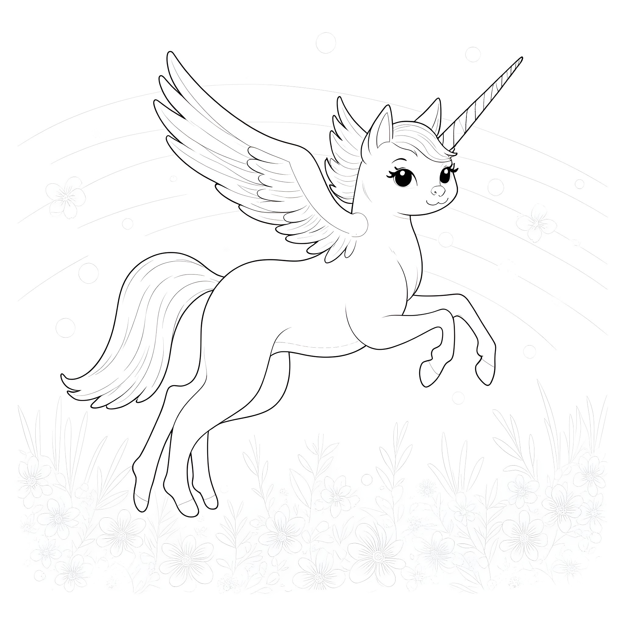 Flying Cat Unicorn Soaring Through the Sky Coloring Page (free black-and-white line drawing printable PDF for all, from beginners to advanced learners, including children, teens, adults, and seniors)