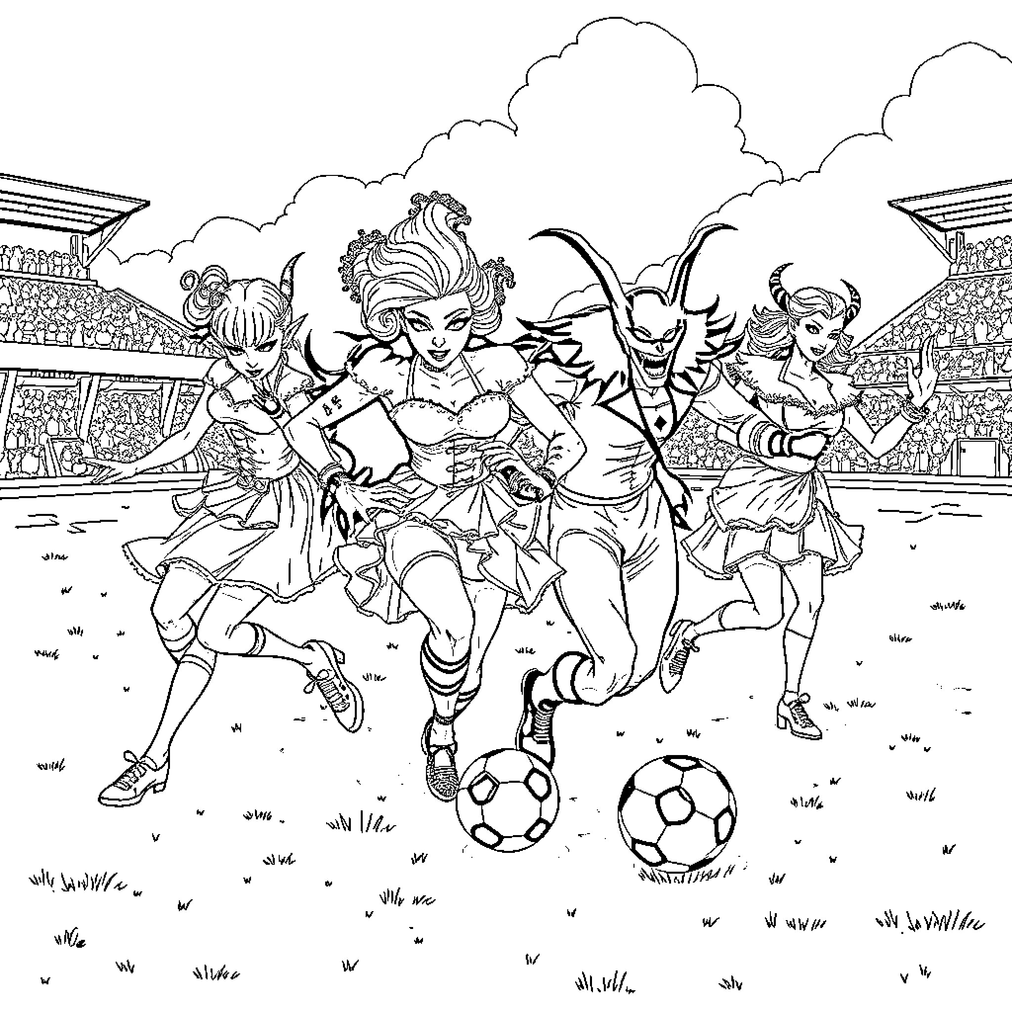 Villain soccer players engage in fierce competition on the field Coloring Page (free black-and-white line drawing printable PDF for all, from beginners to advanced learners, including children, teens, adults, and seniors)