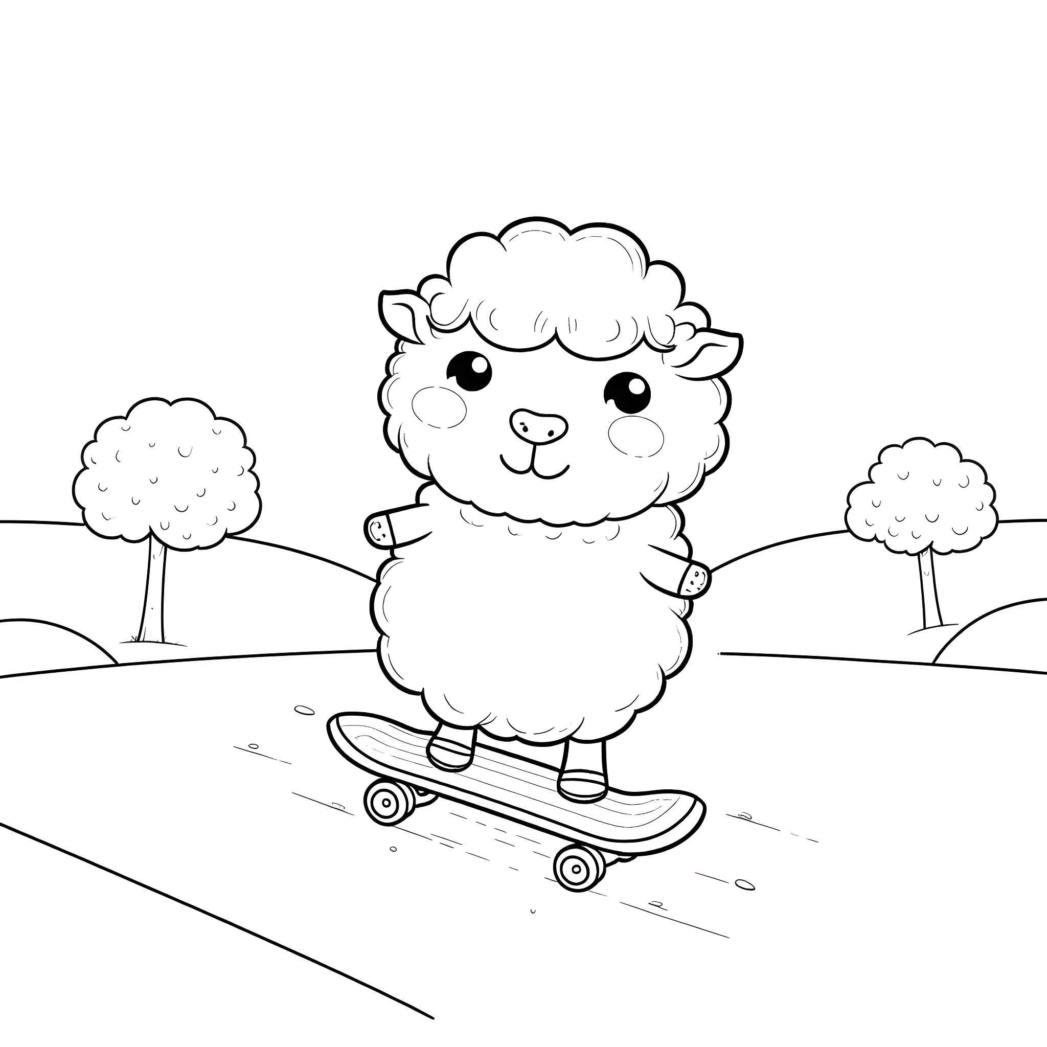 Sheep riding a skateboard in a park Coloring Page (free black-and-white line drawing printable PDF for all, from beginners to advanced learners, including children, teens, adults, and seniors)