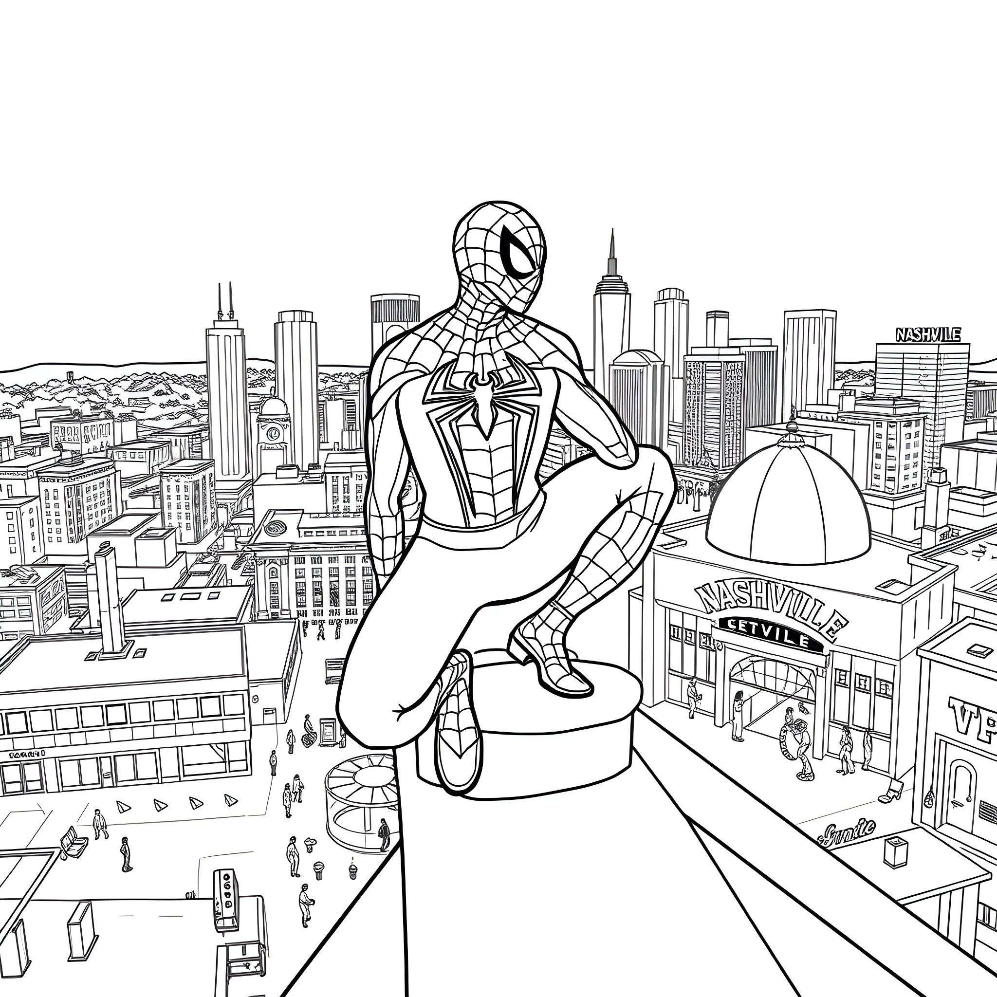 Spiderman swinging over the city skyline Coloring Page (free black-and-white line drawing printable PDF for all, from beginners to advanced learners, including children, teens, adults, and seniors)