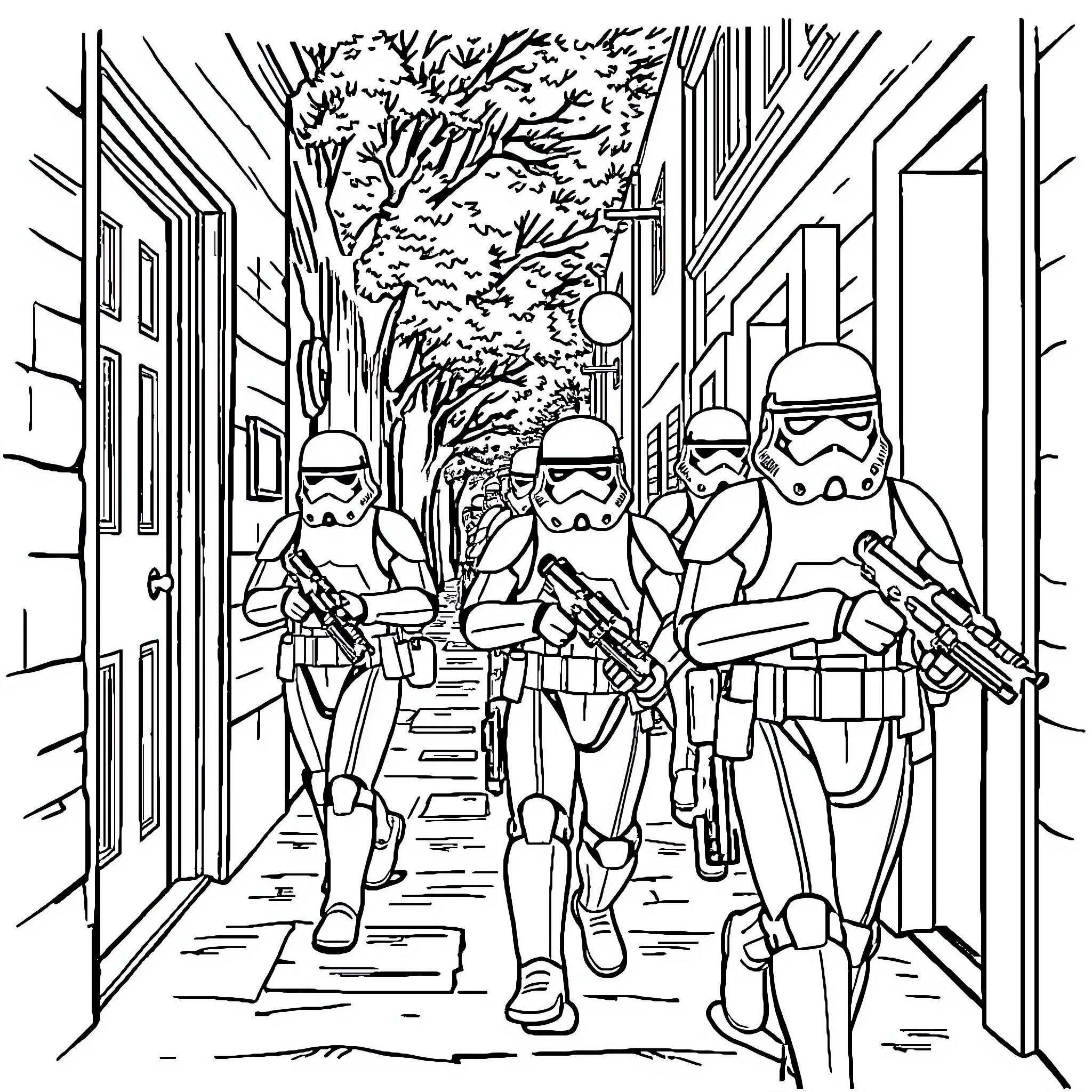 Storm Troopers on patrol in the city Coloring Page (free black-and-white line drawing printable PDF for all, from beginners to advanced learners, including children, teens, adults, and seniors)