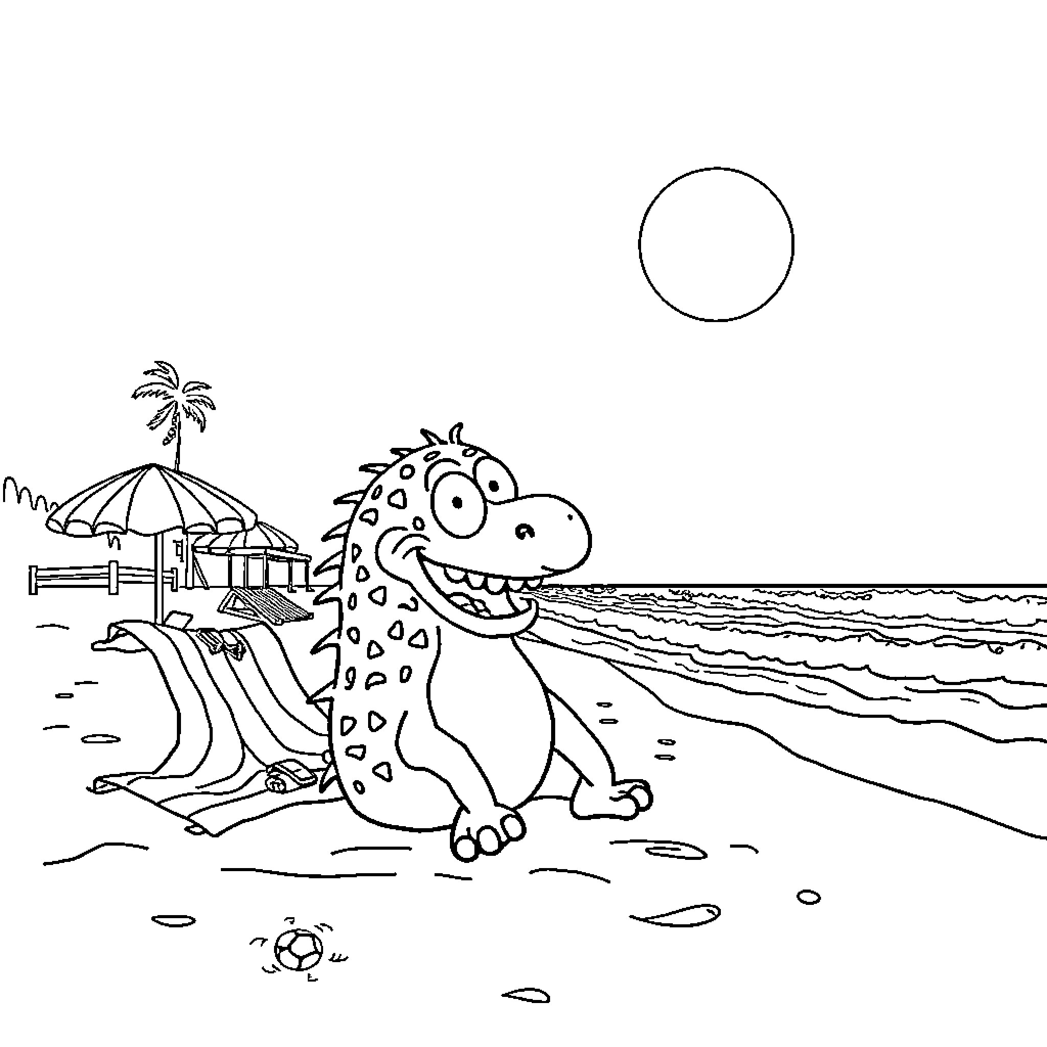 Brainrot: Dinosaur's Beachside Adventure Coloring Page (free black-and-white line drawing printable PDF for all, from beginners to advanced learners, including children, teens, adults, and seniors)