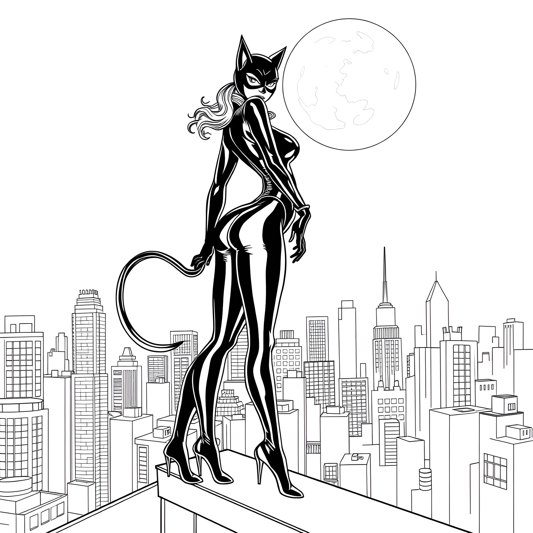 Catwoman prowling the city at night Coloring Page (free black-and-white line drawing printable PDF for all, from beginners to advanced learners, including children, teens, adults, and seniors)