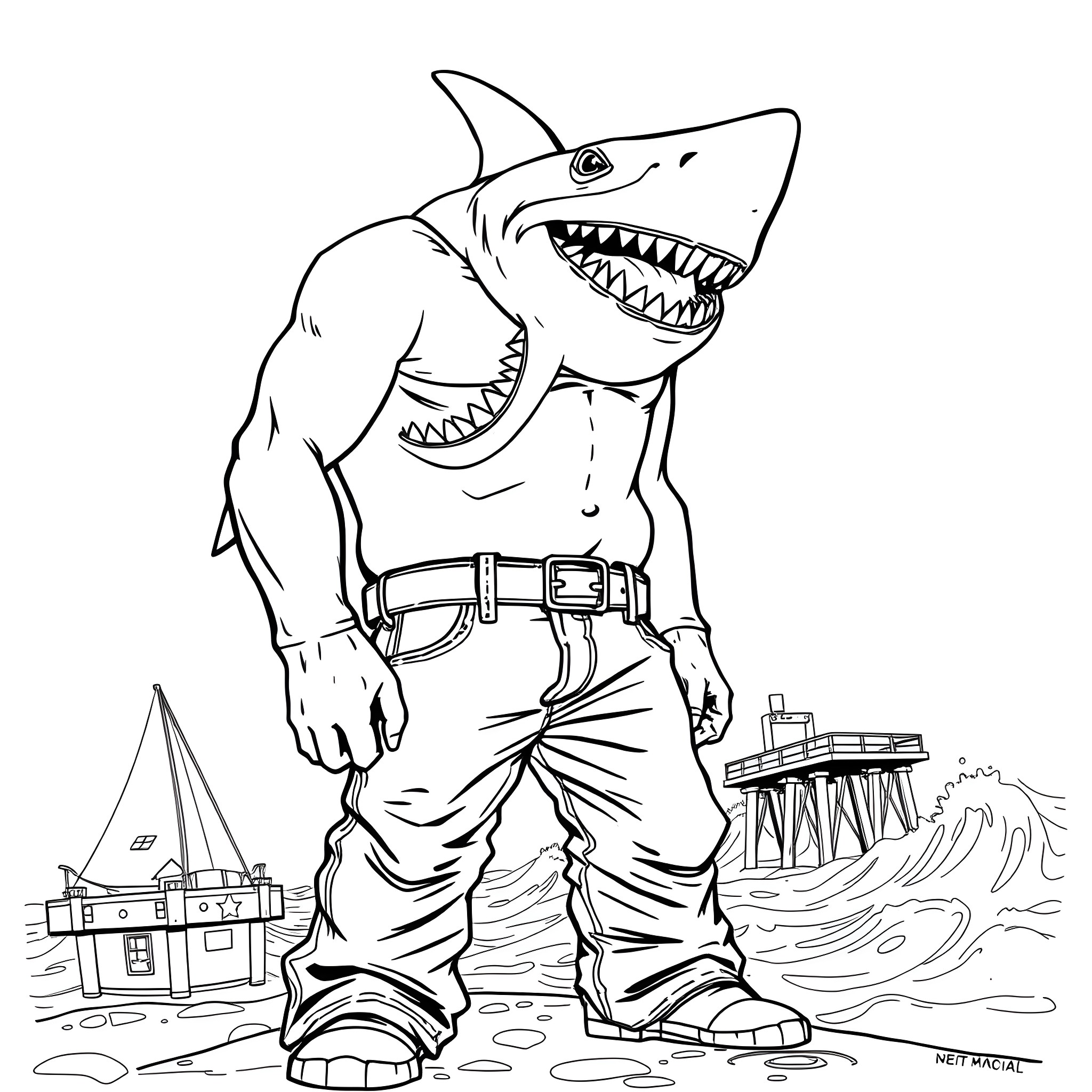 Shark man with dangerous teeth Coloring Page (free black-and-white line drawing printable PDF for all, from beginners to advanced learners, including children, teens, adults, and seniors)