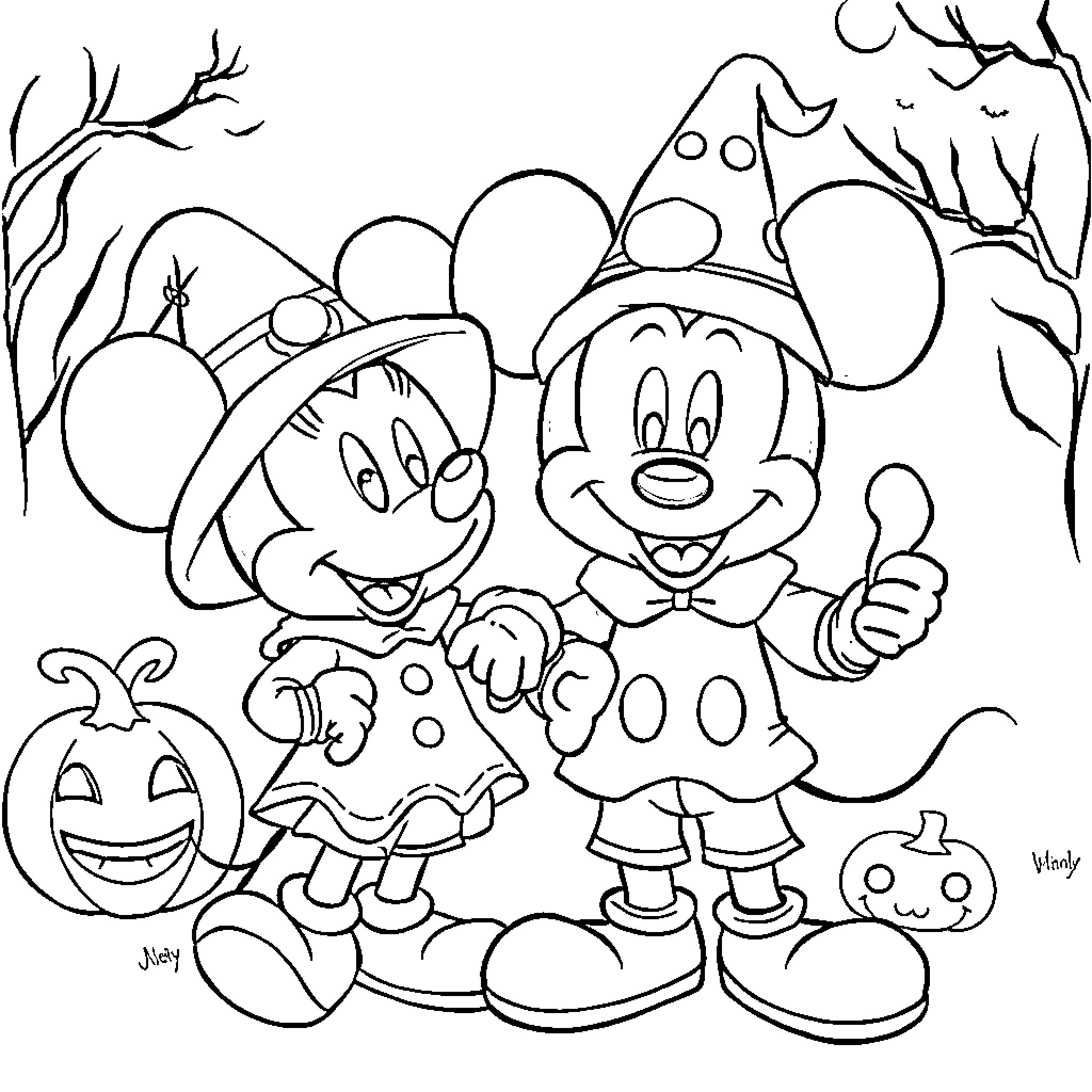 Bluey and Mickey Mouse celebrating Halloween together Coloring Page (free black-and-white line drawing printable PDF for all, from beginners to advanced learners, including children, teens, adults, and seniors)