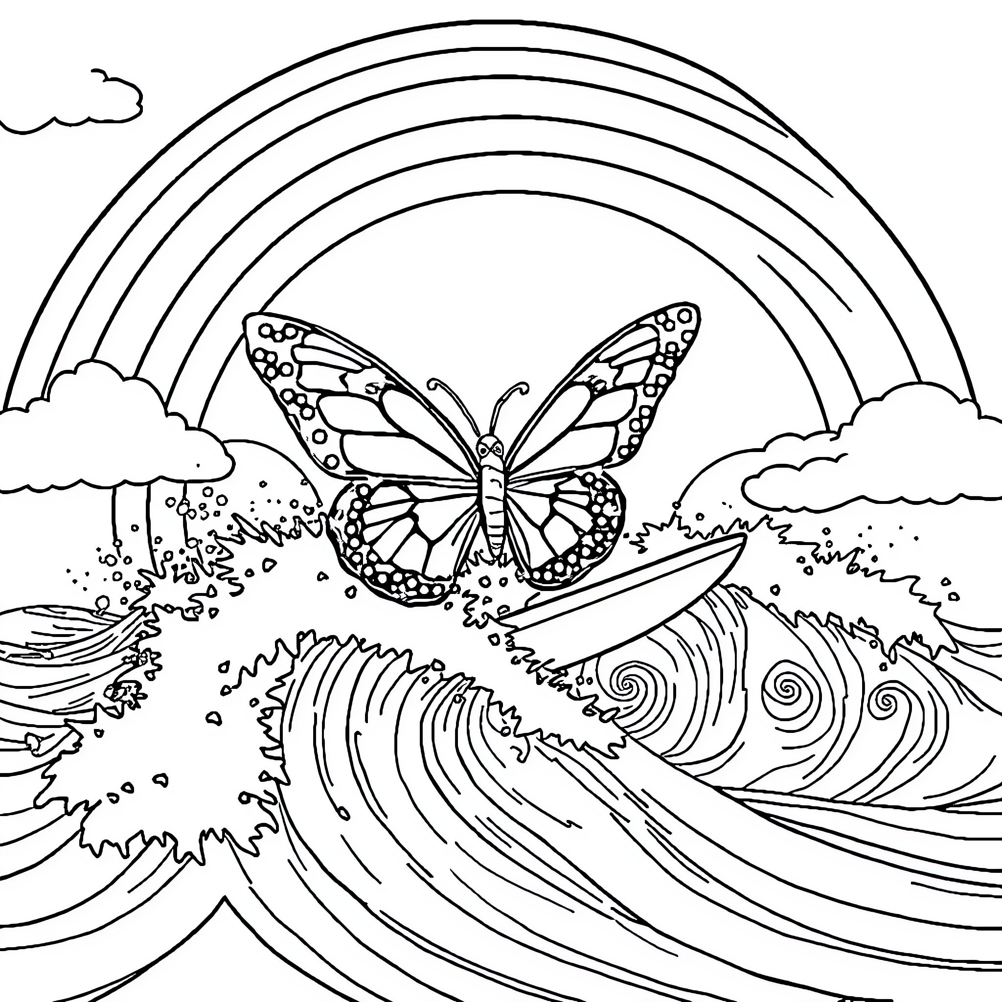 Butterfly soaring over the ocean waves Coloring Page (free black-and-white line drawing printable PDF for all, from beginners to advanced learners, including children, teens, adults, and seniors)