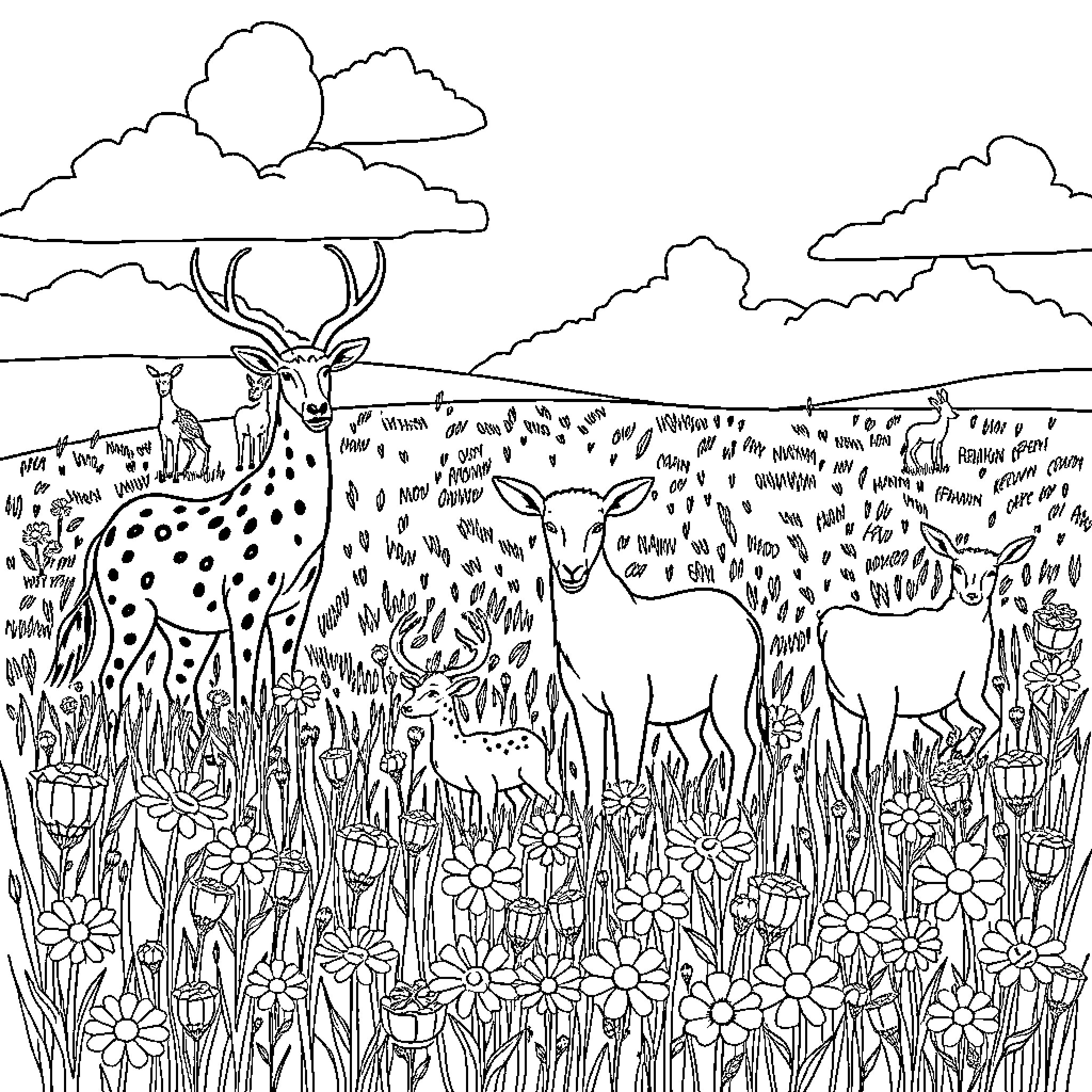 Animals grazing peacefully in a floral meadow Coloring Page (free black-and-white line drawing printable PDF for all, from beginners to advanced learners, including children, teens, adults, and seniors)