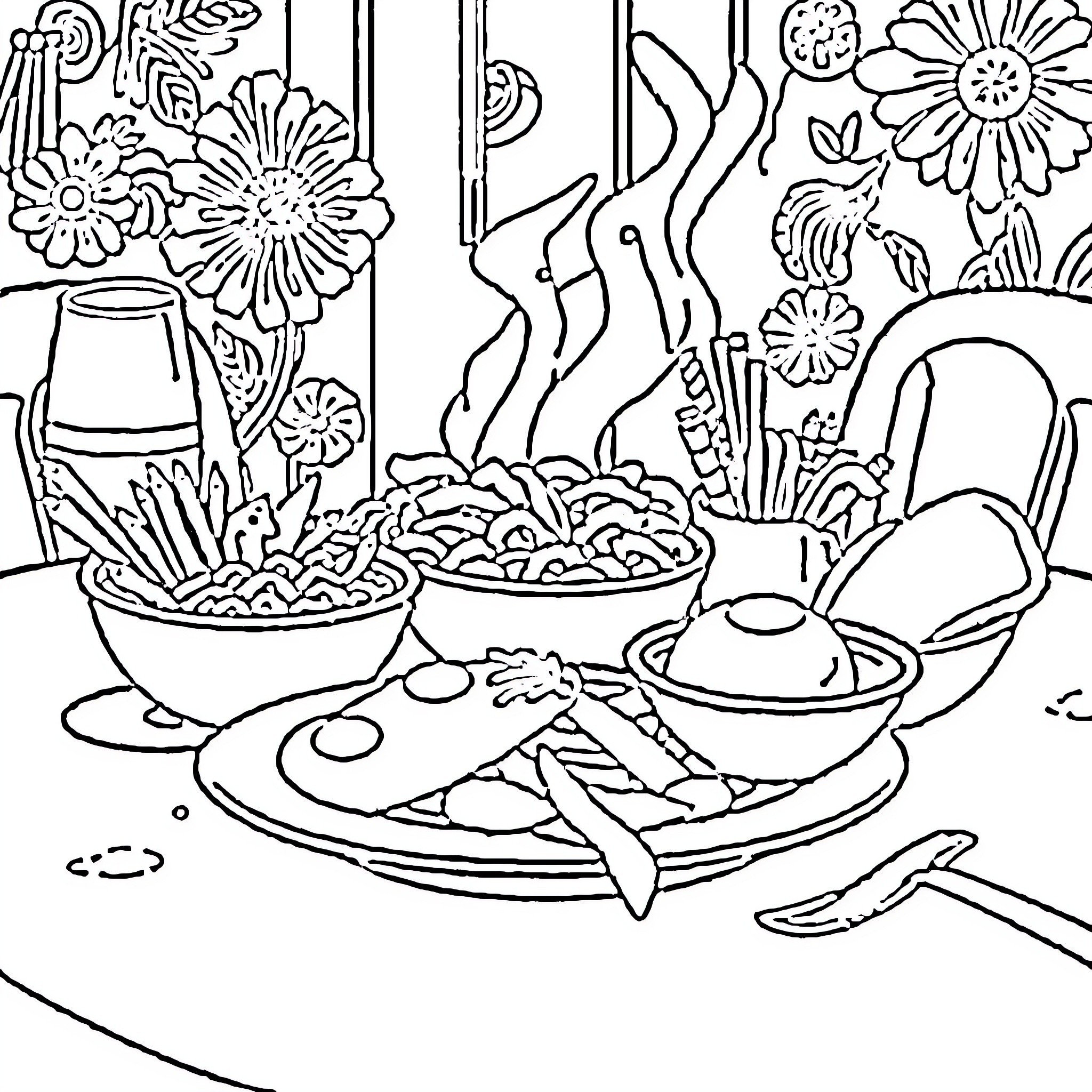 Food preparation in a floral kitchen Coloring Page (free black-and-white line drawing printable PDF for all, from beginners to advanced learners, including children, teens, adults, and seniors)