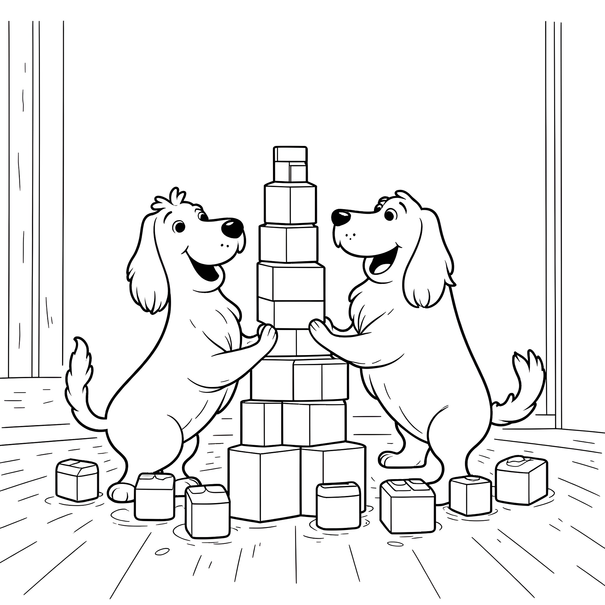 Dogs playing together with toy blocks Coloring Page (free black-and-white line drawing printable PDF for all, from beginners to advanced learners, including children, teens, adults, and seniors)