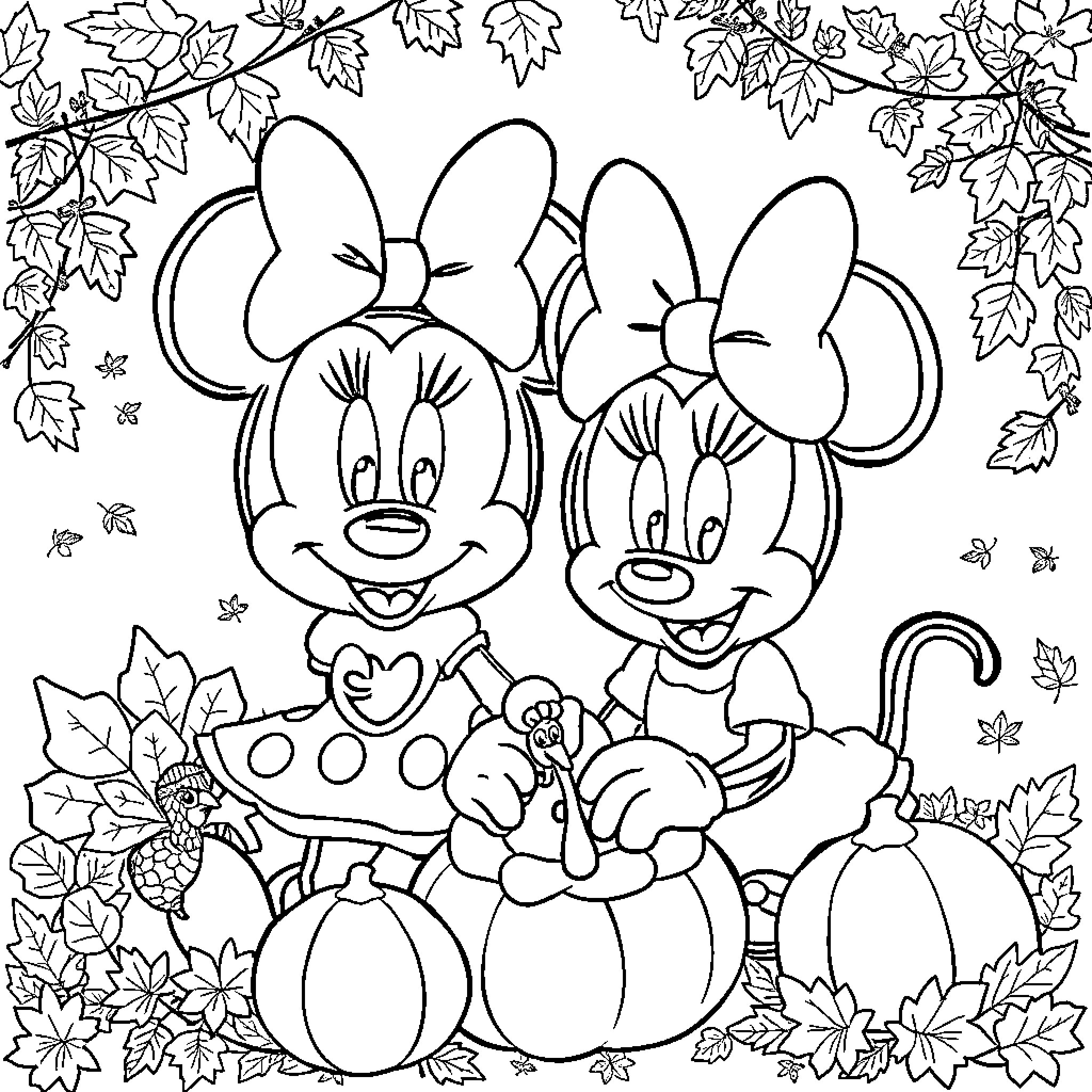 Minnie Mouse and Mickey Mouse in autumn scene Coloring Page (free black-and-white line drawing printable PDF for all, from beginners to advanced learners, including children, teens, adults, and seniors)