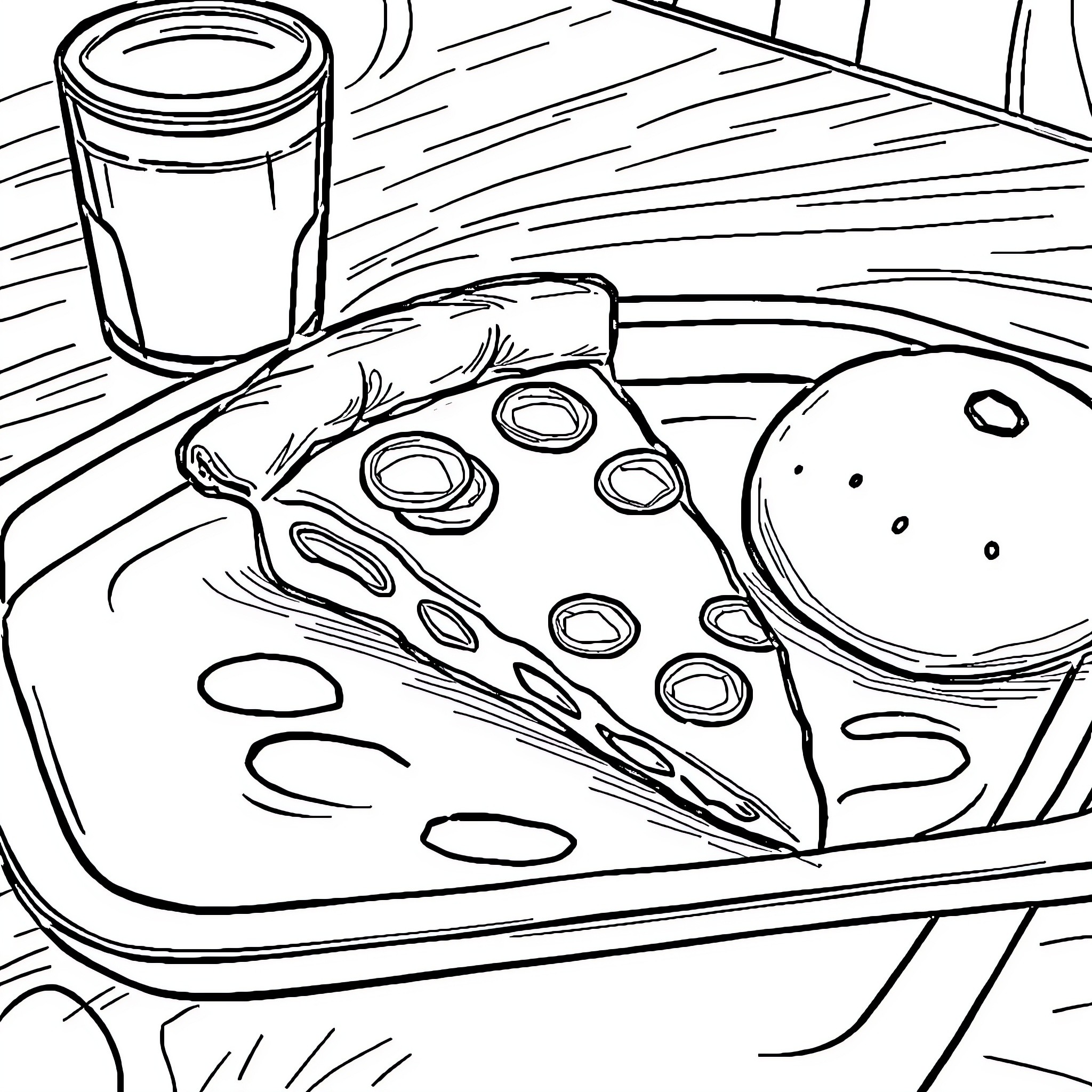 Pizza Preparation on Wooden Surface Coloring Page (free black-and-white line drawing printable PDF for all, from beginners to advanced learners, including children, teens, adults, and seniors)