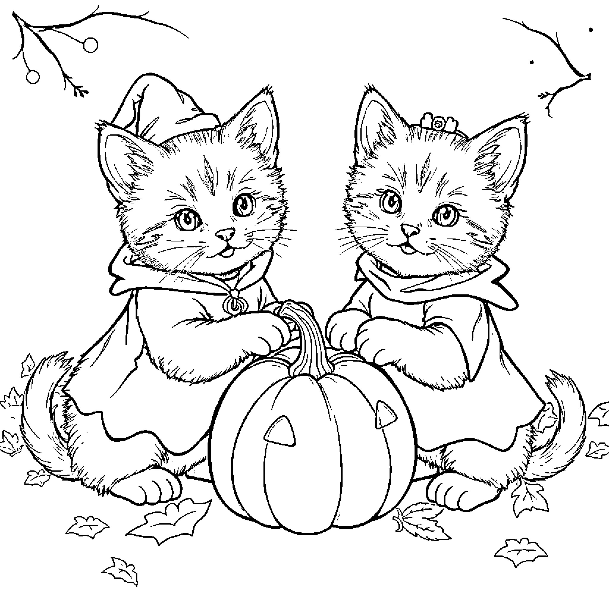Kittens sitting with pumpkin in autumn Coloring Page (free black-and-white line drawing printable PDF for all, from beginners to advanced learners, including children, teens, adults, and seniors)