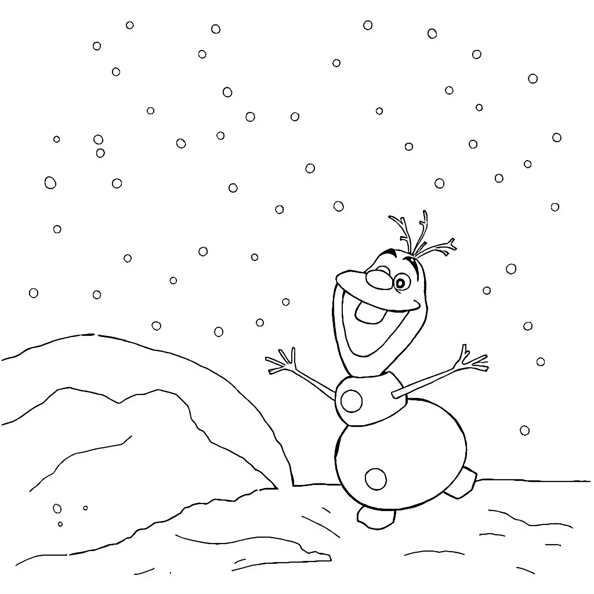 Switch to a happy snowman in winter wonderland Coloring Page (free black-and-white line drawing printable PDF for all, from beginners to advanced learners, including children, teens, adults, and seniors)