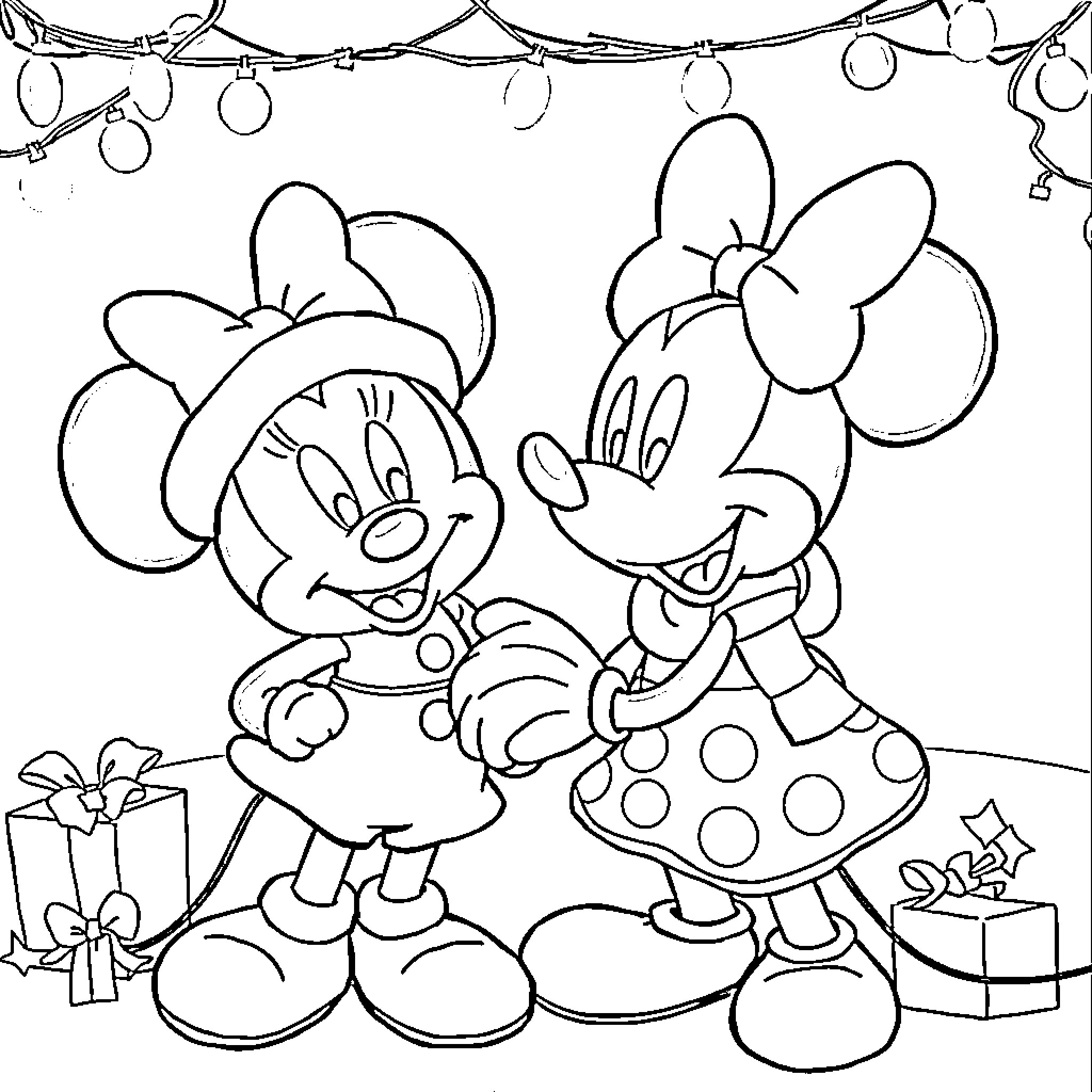 Mickey Mouse and Minnie Mouse Celebrate the Holidays Coloring Page (free black-and-white line drawing printable PDF for all, from beginners to advanced learners, including children, teens, adults, and seniors)