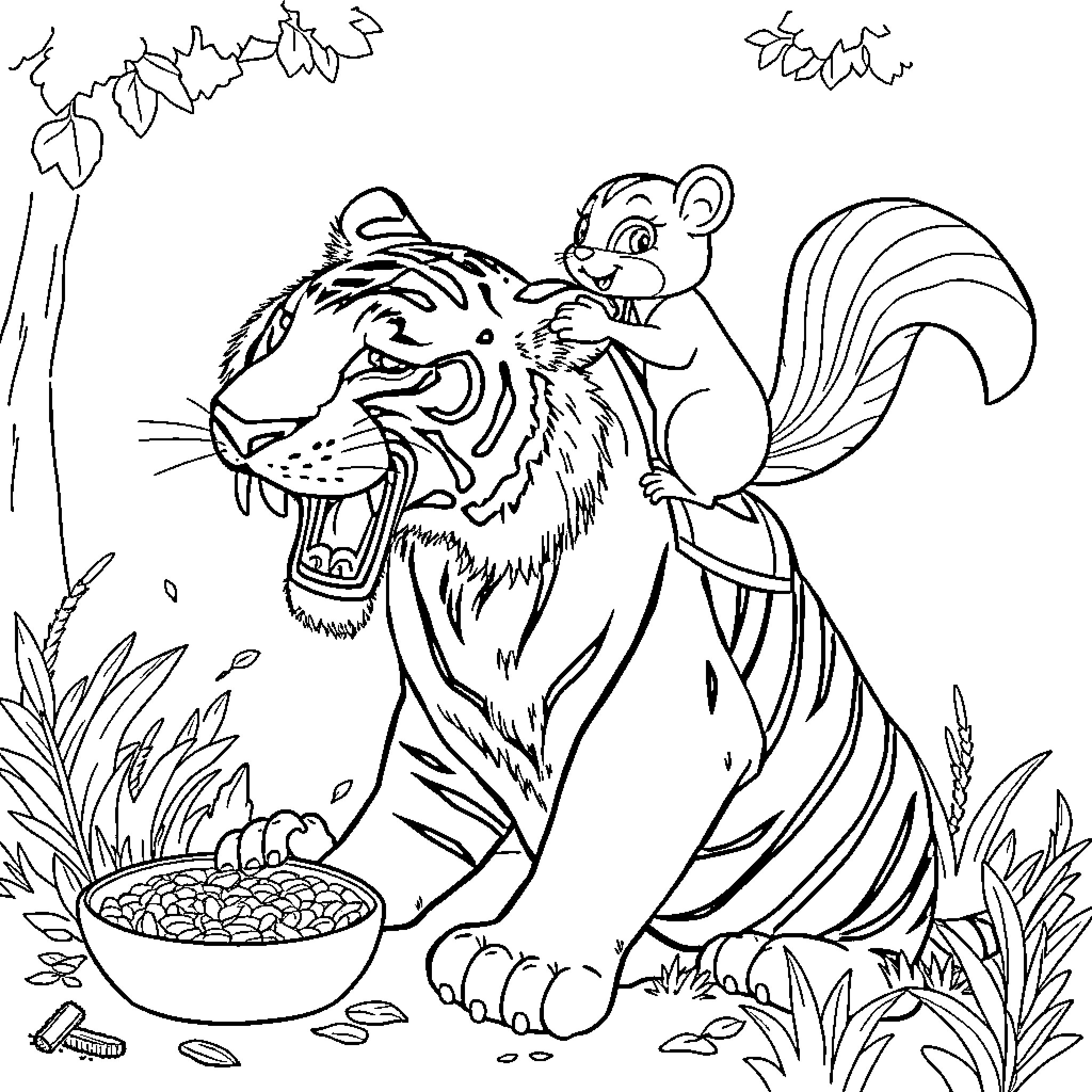 Tiger sharing food with friendly rodent Coloring Page (free black-and-white line drawing printable PDF for all, from beginners to advanced learners, including children, teens, adults, and seniors)
