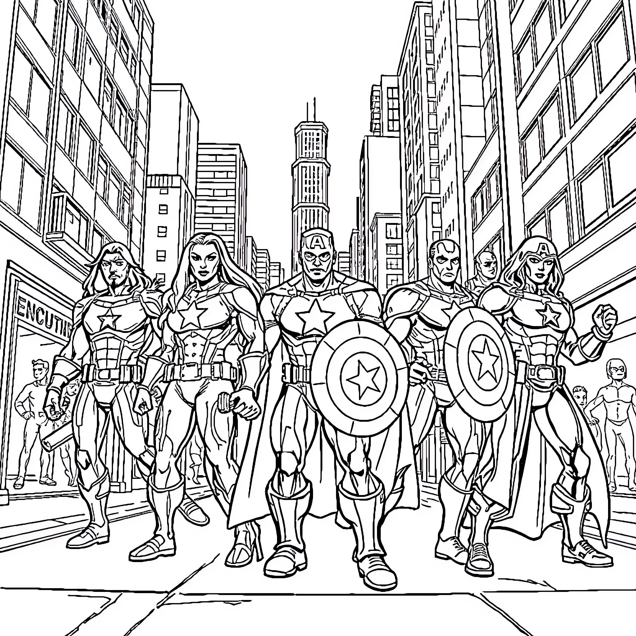 Avenger Heroes Assembling in the City Coloring Page (free black-and-white line drawing printable PDF for all, from beginners to advanced learners, including children, teens, adults, and seniors)