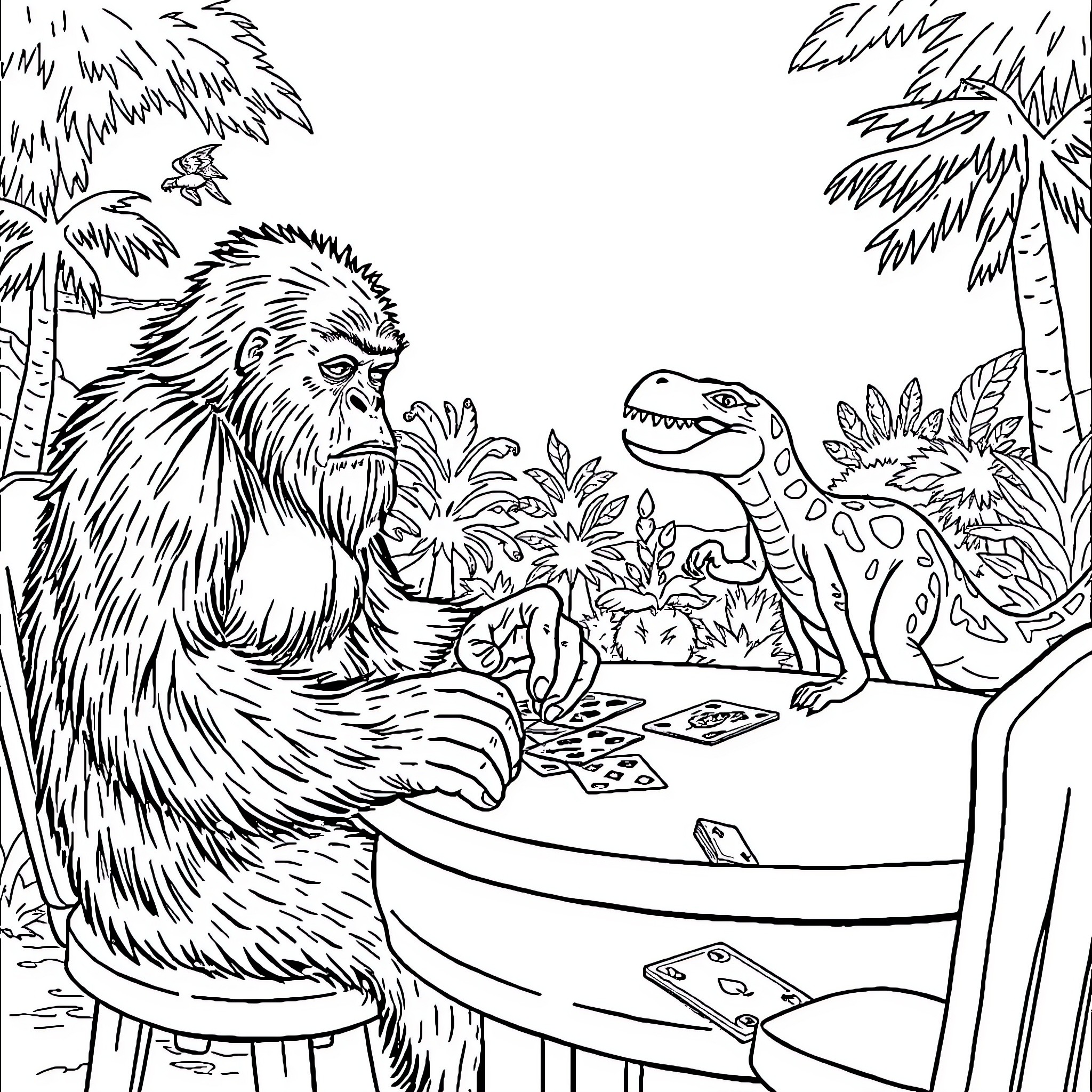 Bigfoot playing cards with dinosaur in jungle Coloring Page (free black-and-white line drawing printable PDF for all, from beginners to advanced learners, including children, teens, adults, and seniors)