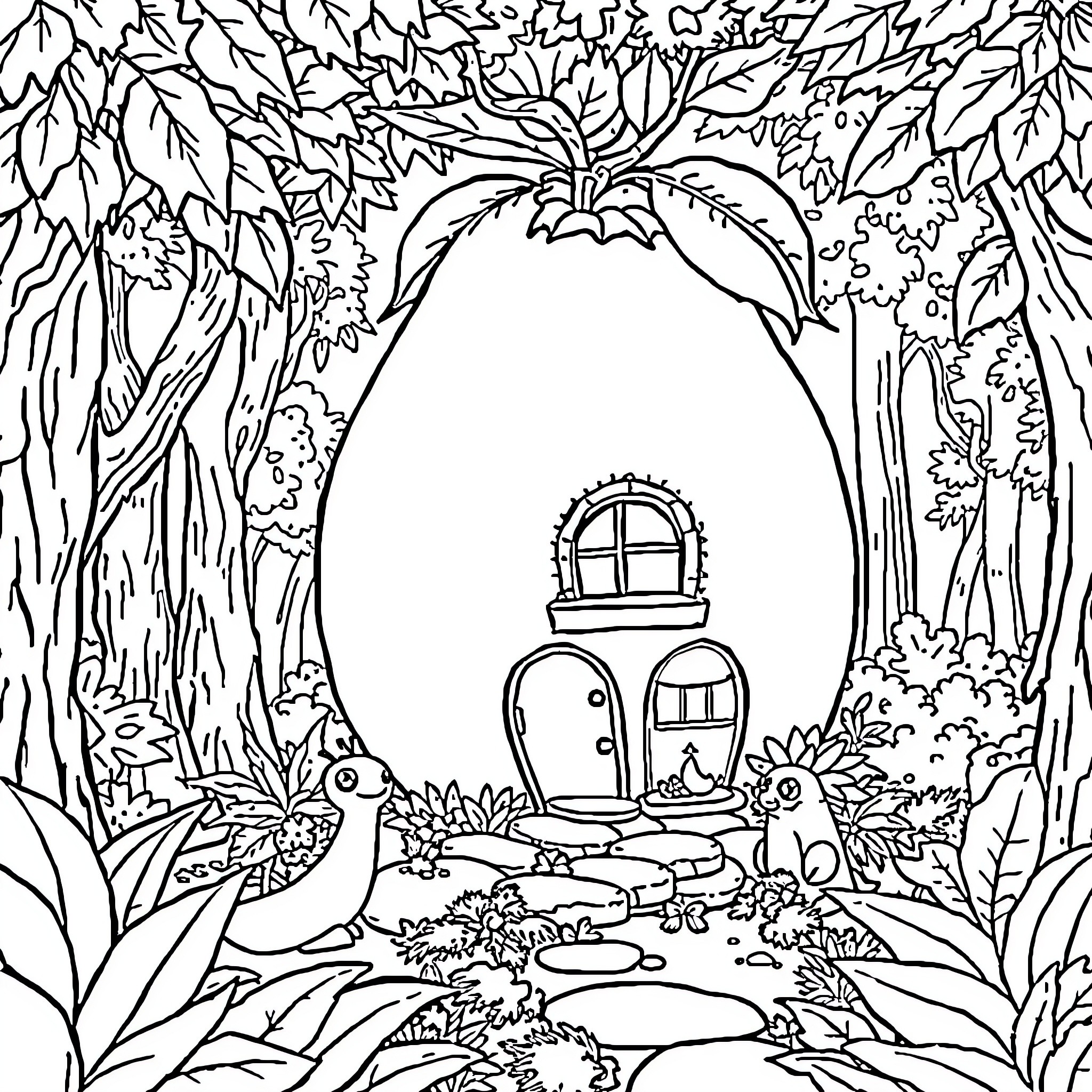 Mango-shaped Cottage in Enchanted Forest Coloring Page (free black-and-white line drawing printable PDF for all, from beginners to advanced learners, including children, teens, adults, and seniors)