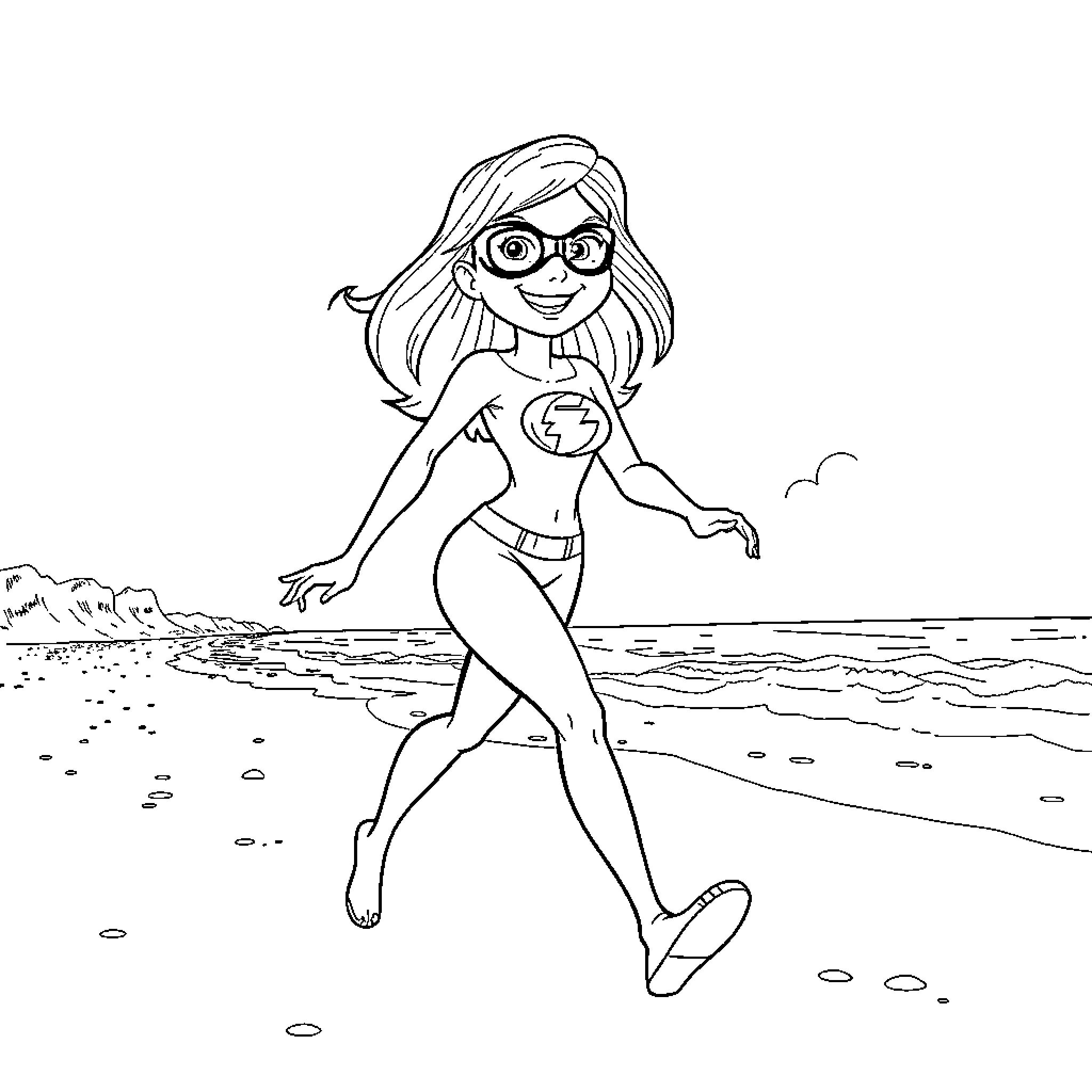 Elastigirl stretching on the beach Coloring Page (free black-and-white line drawing printable PDF for all, from beginners to advanced learners, including children, teens, adults, and seniors)