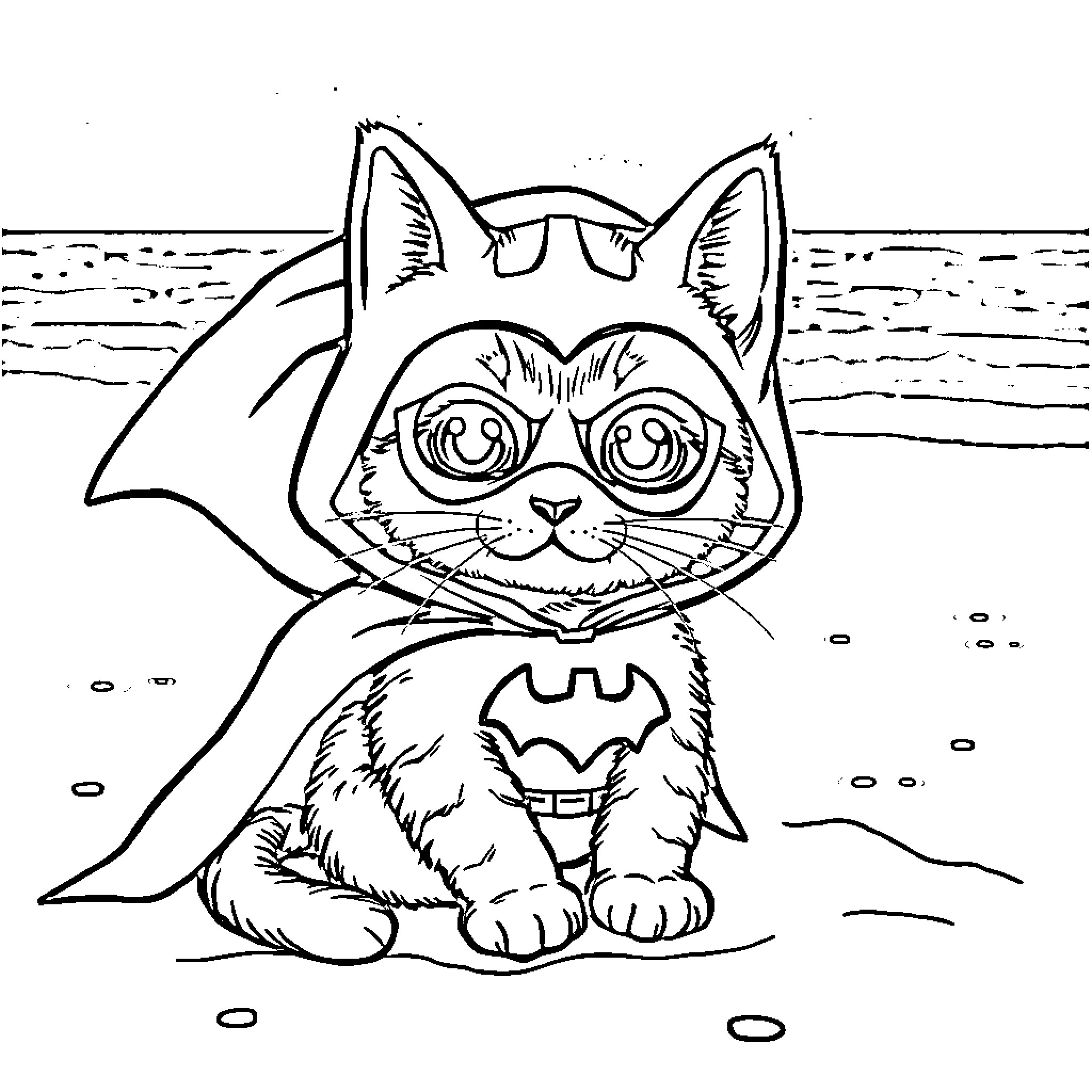 Cat in Bat Costume on Beach Coloring Page (free black-and-white line drawing printable PDF for all, from beginners to advanced learners, including children, teens, adults, and seniors)