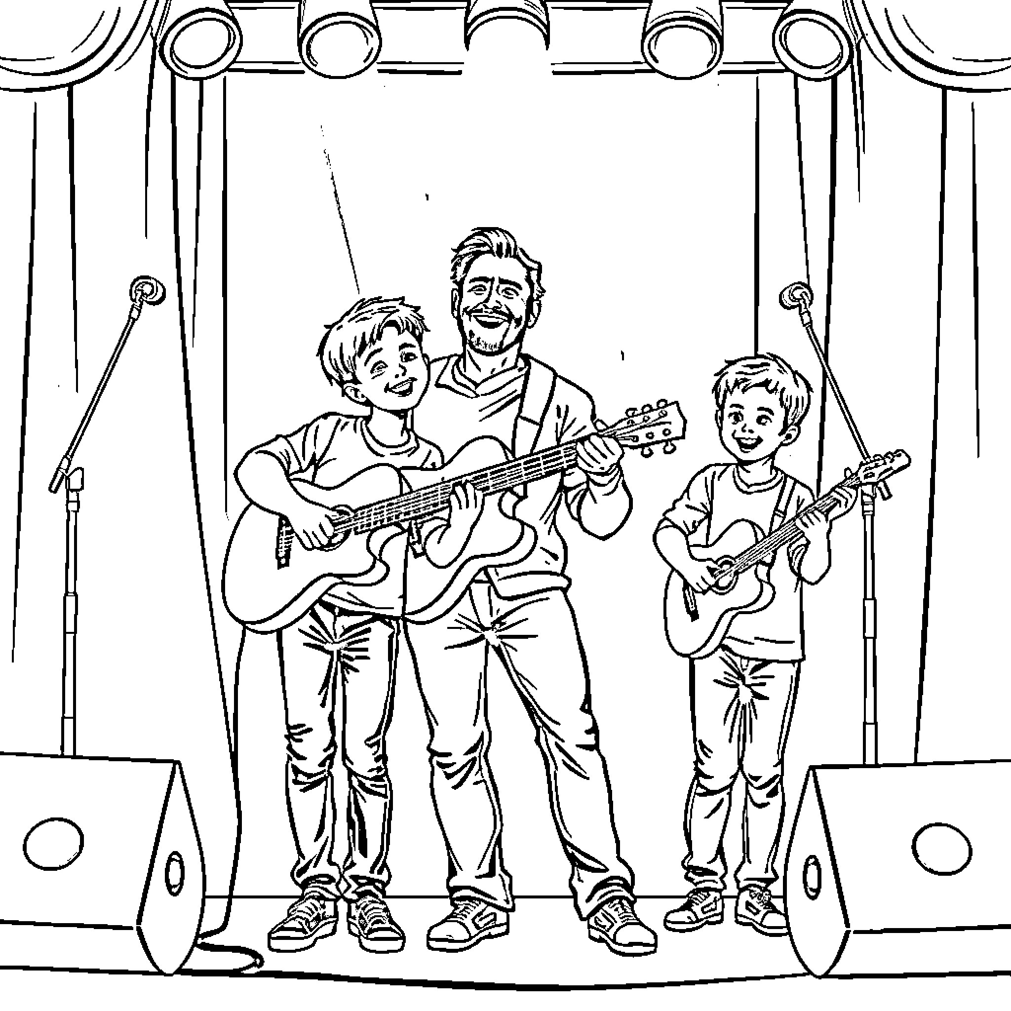 Man and two children performing on stage Coloring Page (free black-and-white line drawing printable PDF for all, from beginners to advanced learners, including children, teens, adults, and seniors)