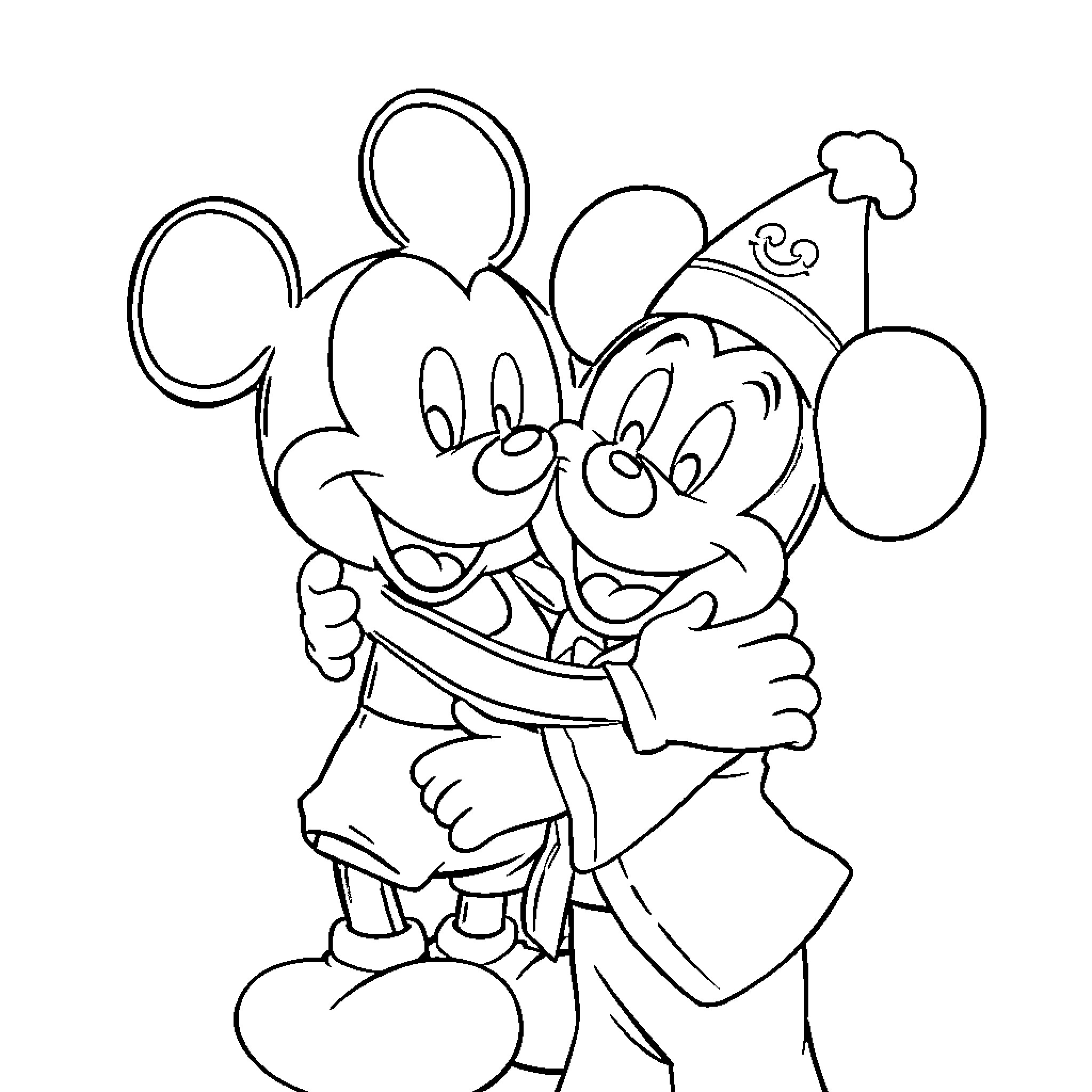 Mickey and Minnie in Playful Embrace Coloring Page (free black-and-white line drawing printable PDF for all, from beginners to advanced learners, including children, teens, adults, and seniors)