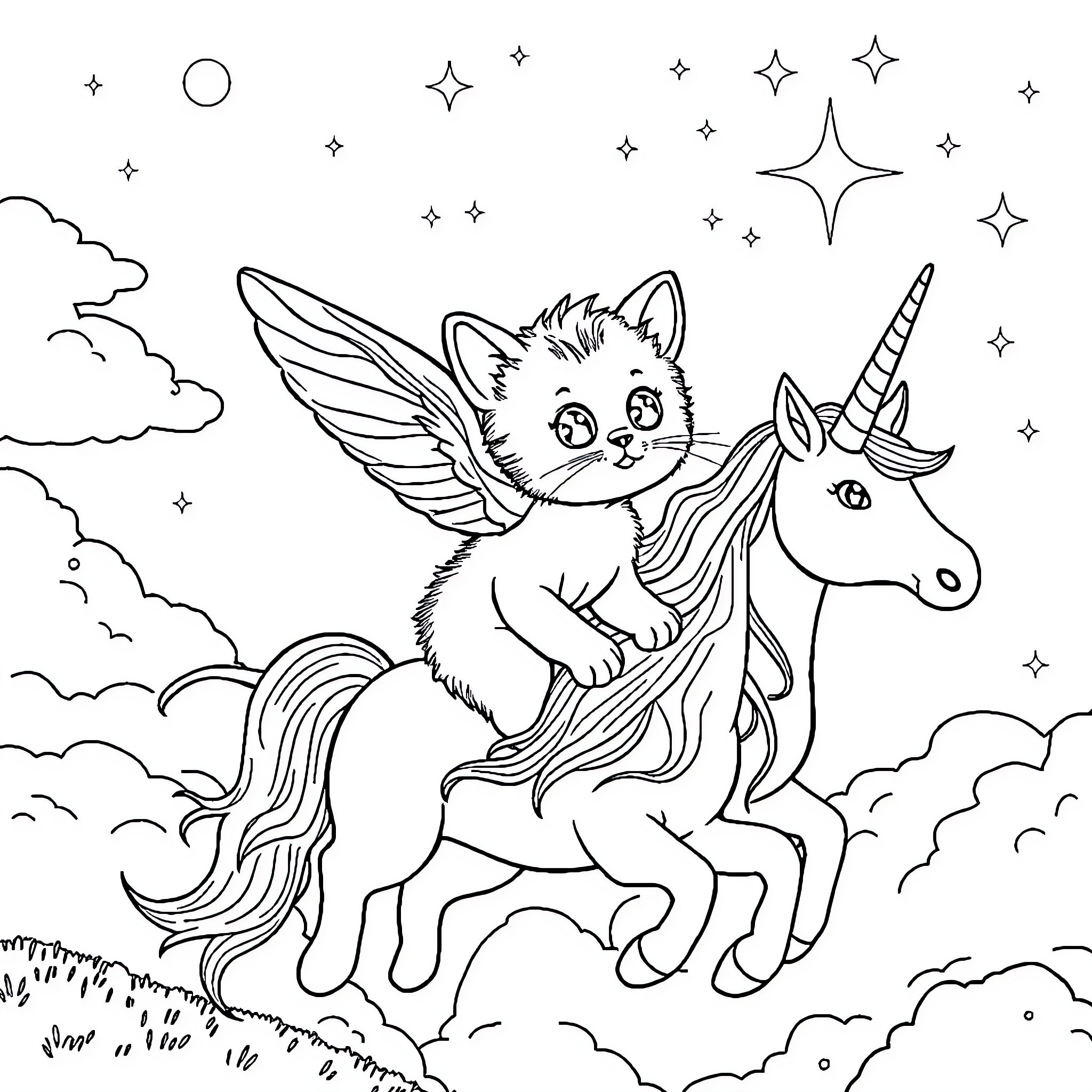 Kitten riding a magical unicorn in the sky Coloring Page (free black-and-white line drawing printable PDF for all, from beginners to advanced learners, including children, teens, adults, and seniors)