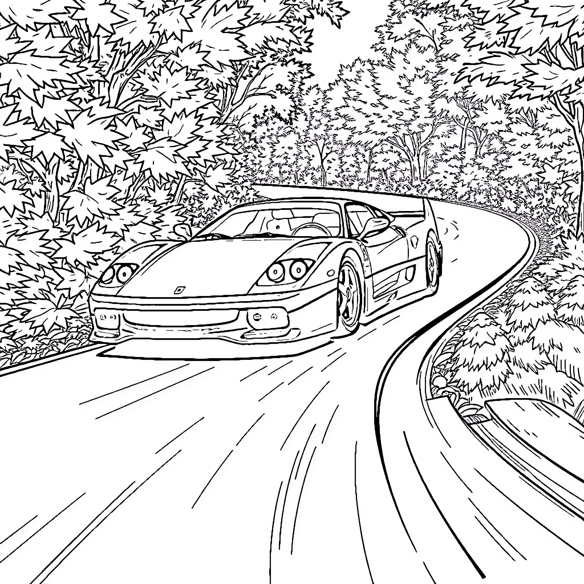 Ferrari Speeding Down the Winding Forest Road Coloring Page (free black-and-white line drawing printable PDF for all, from beginners to advanced learners, including children, teens, adults, and seniors)