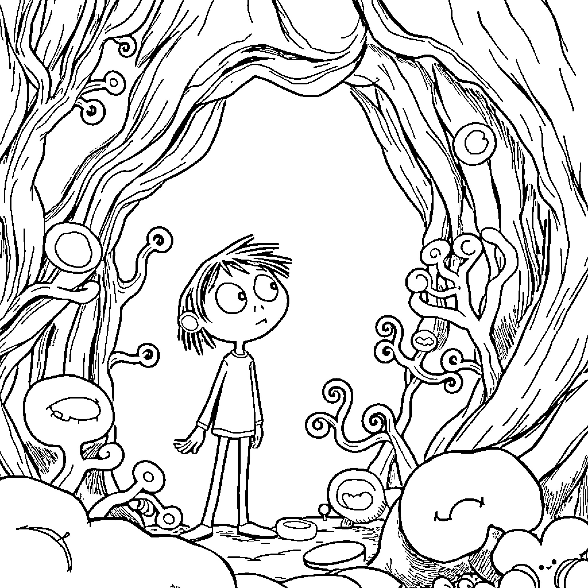 Coraline Exploring a Whimsical and Otherworldly Landscape Coloring Page (free black-and-white line drawing printable PDF for all, from beginners to advanced learners, including children, teens, adults, and seniors)