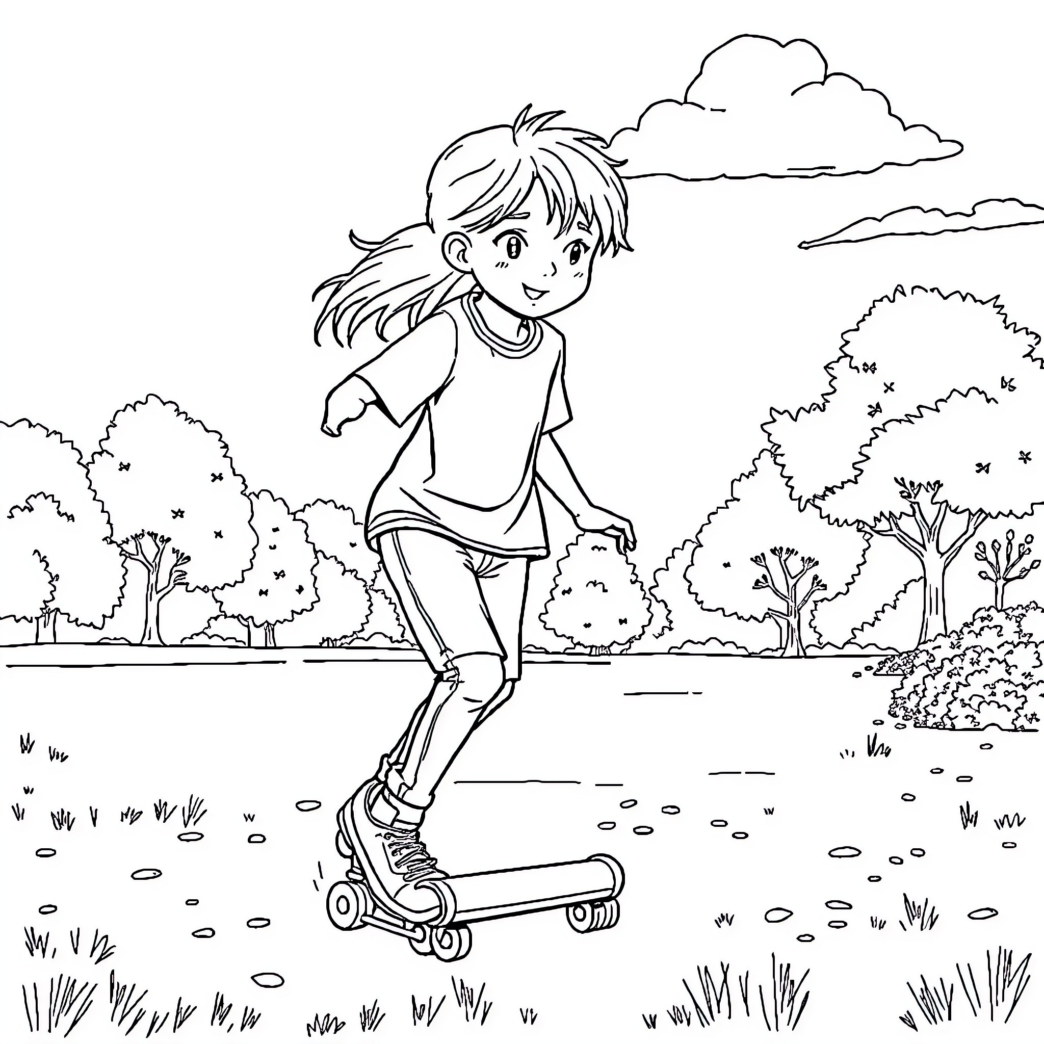 Boy riding skateboard in nature Coloring Page (free black-and-white line drawing printable PDF for all, from beginners to advanced learners, including children, teens, adults, and seniors)