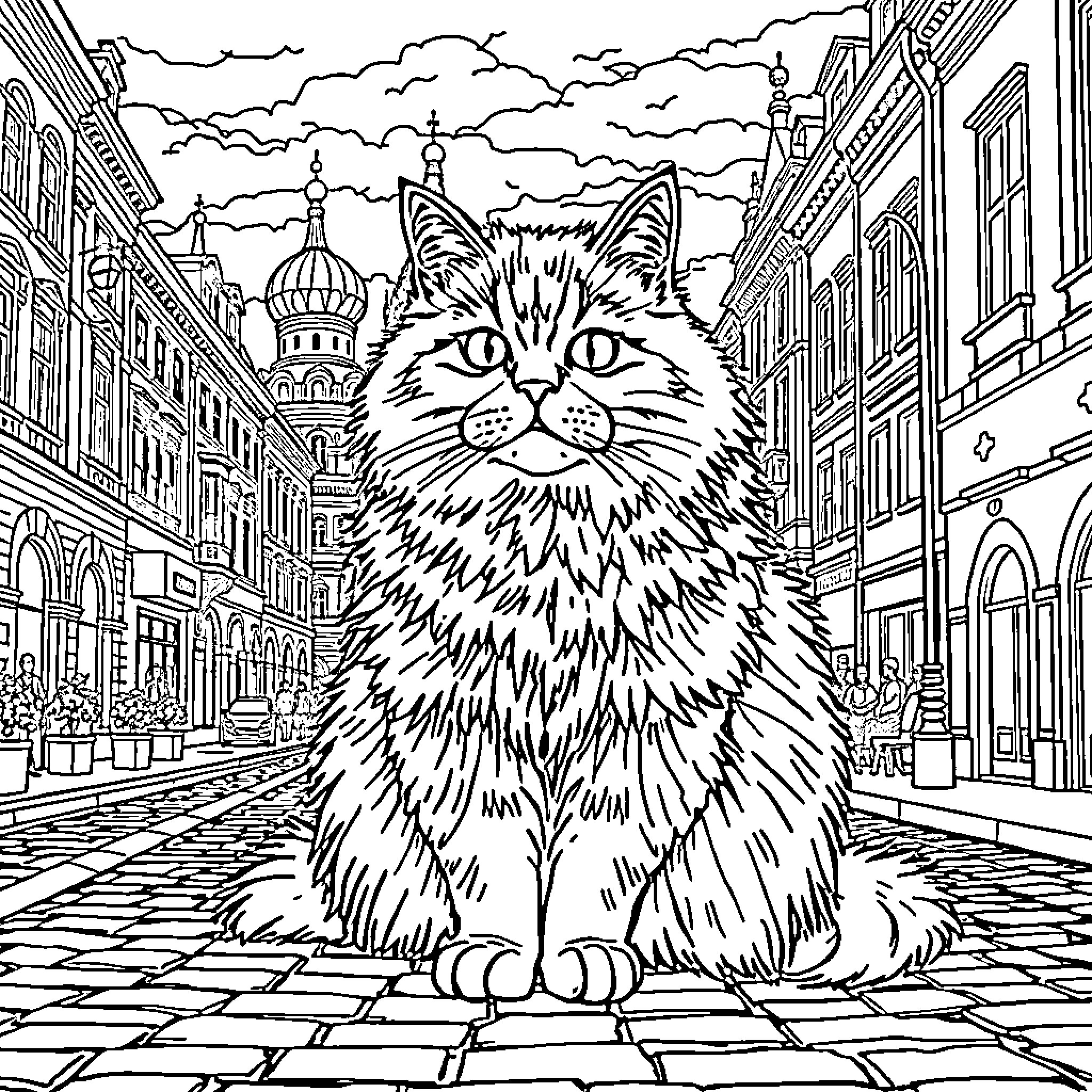 Cat observing the city from a street corner Coloring Page (free black-and-white line drawing printable PDF for all, from beginners to advanced learners, including children, teens, adults, and seniors)