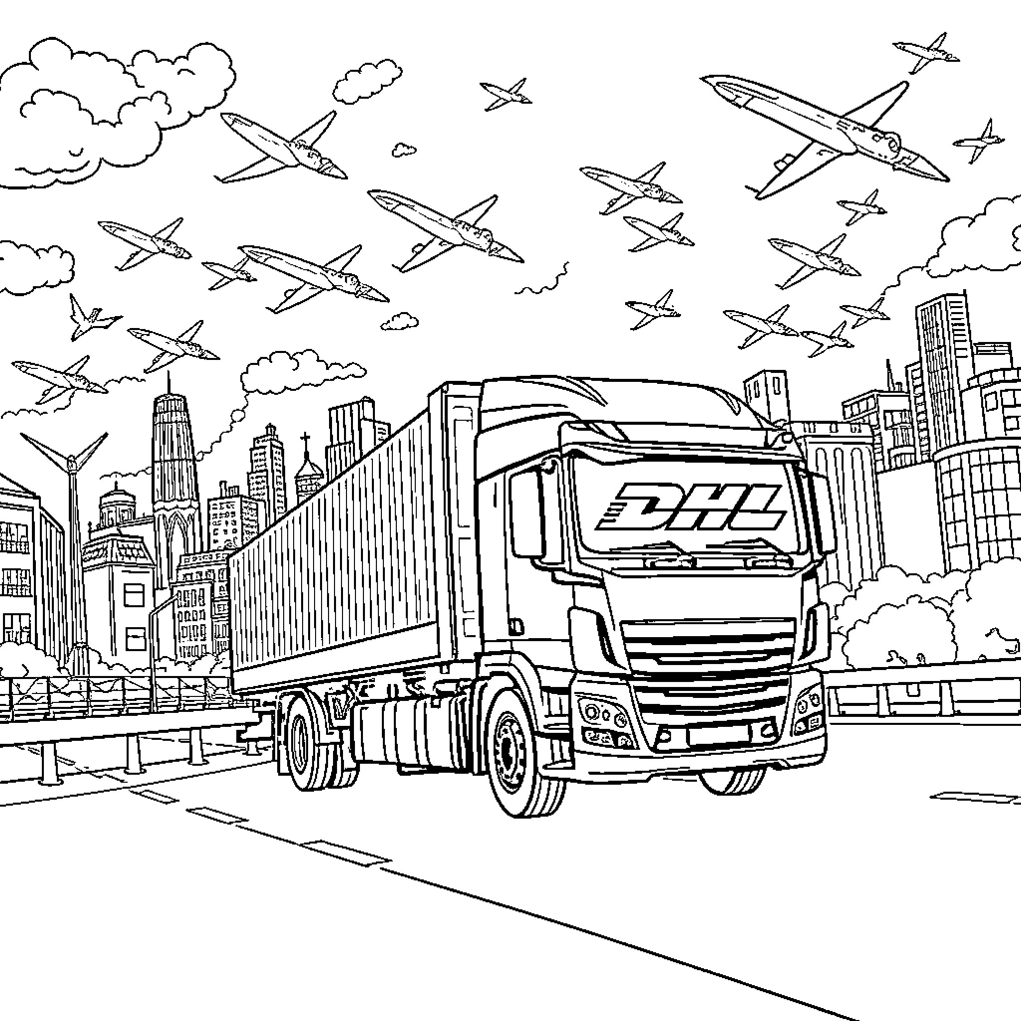 LKW Truck Carrying Cargo Amidst City Skyline and Airplanes Coloring Page (free black-and-white line drawing printable PDF for all, from beginners to advanced learners, including children, teens, adults, and seniors)