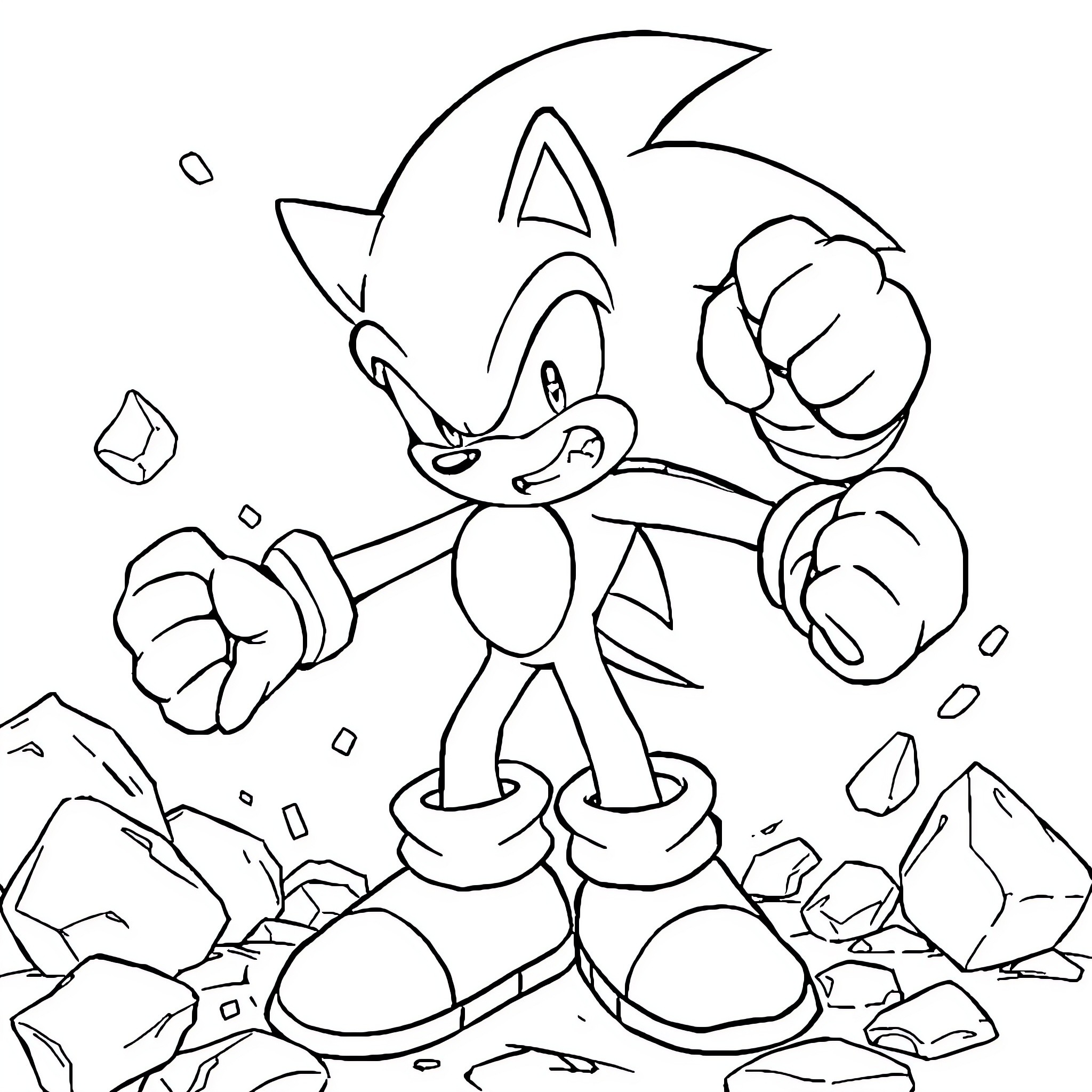 Sonic running and jumping on rocky terrain Coloring Page (free black-and-white line drawing printable PDF for all, from beginners to advanced learners, including children, teens, adults, and seniors)