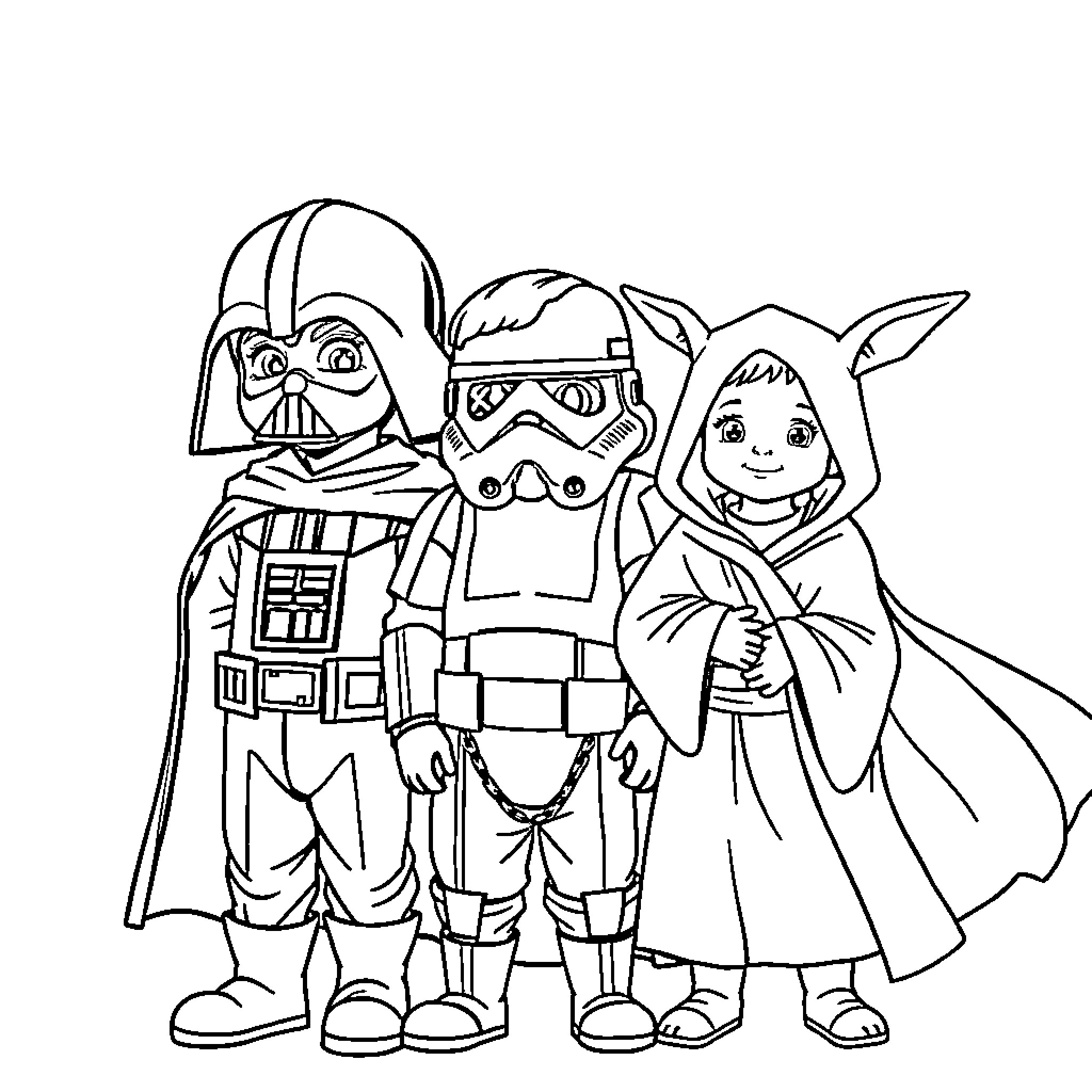 Brother Enjoying Star Wars Costumes with Friends Coloring Page (free black-and-white line drawing printable PDF for all, from beginners to advanced learners, including children, teens, adults, and seniors)