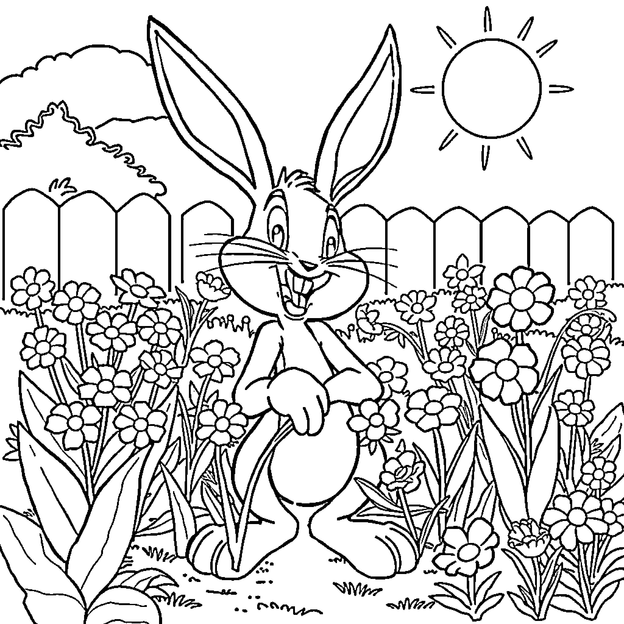 Bugs Bunny enjoying a flower garden Coloring Page (free black-and-white line drawing printable PDF for all, from beginners to advanced learners, including children, teens, adults, and seniors)