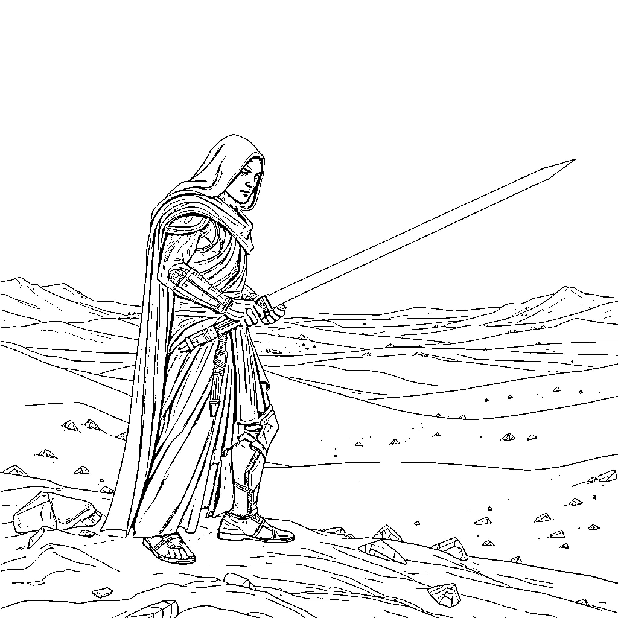 Sith Warrior Wielding Lightsaber in Desert Landscape Coloring Page (free black-and-white line drawing printable PDF for all, from beginners to advanced learners, including children, teens, adults, and seniors)