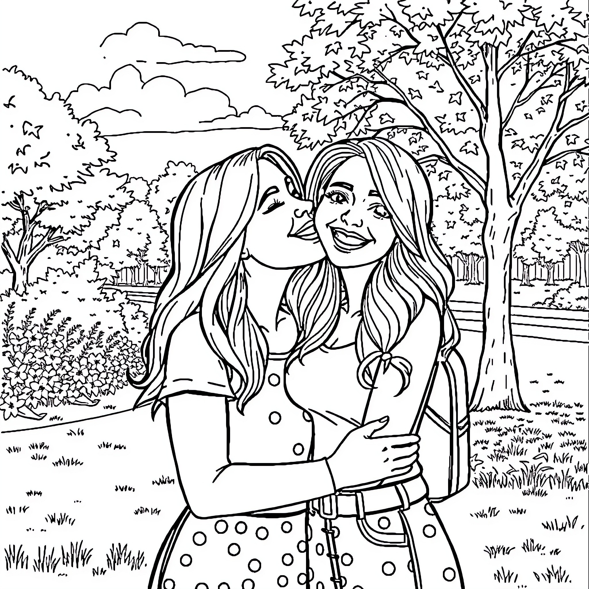 Abby Dowse posing cheerfully in the park Coloring Page (free black-and-white line drawing printable PDF for all, from beginners to advanced learners, including children, teens, adults, and seniors)