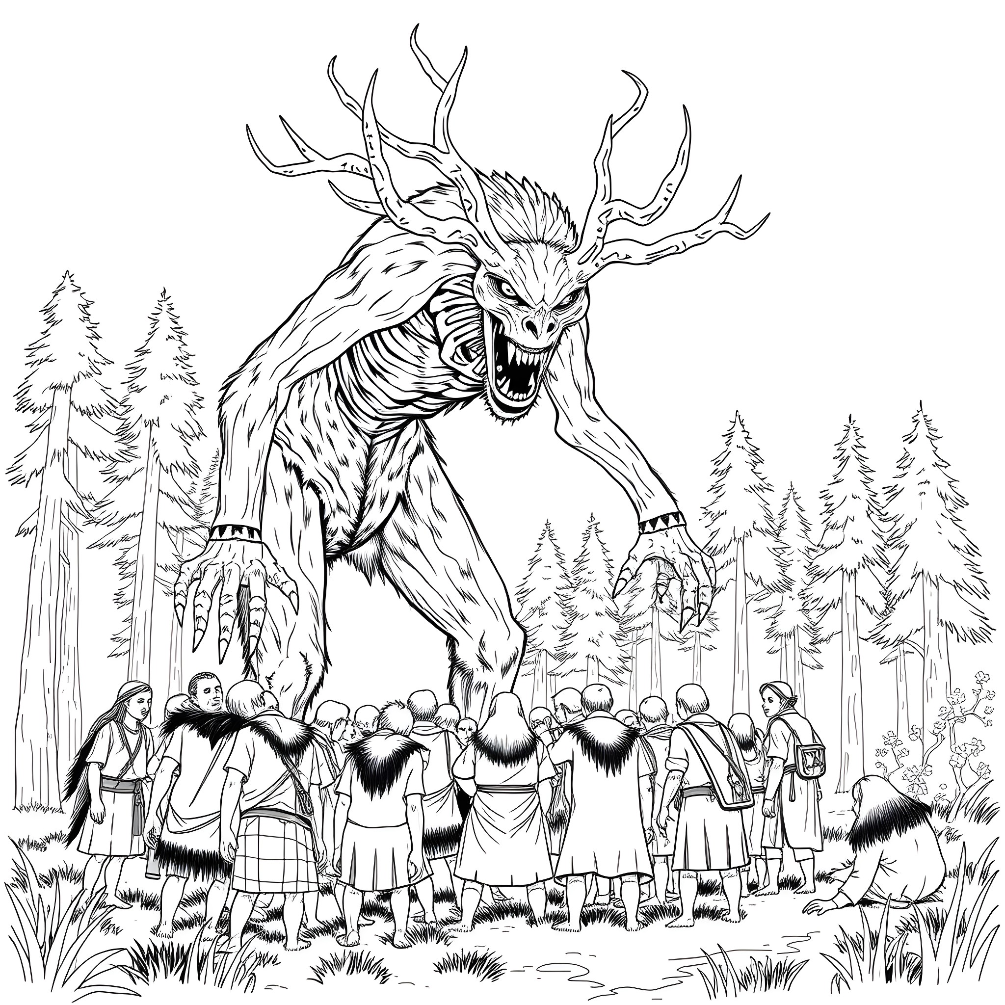 Wendigo Terrifying a Tribal Community in the Wilderness Coloring Page (free black-and-white line drawing printable PDF for all, from beginners to advanced learners, including children, teens, adults, and seniors)