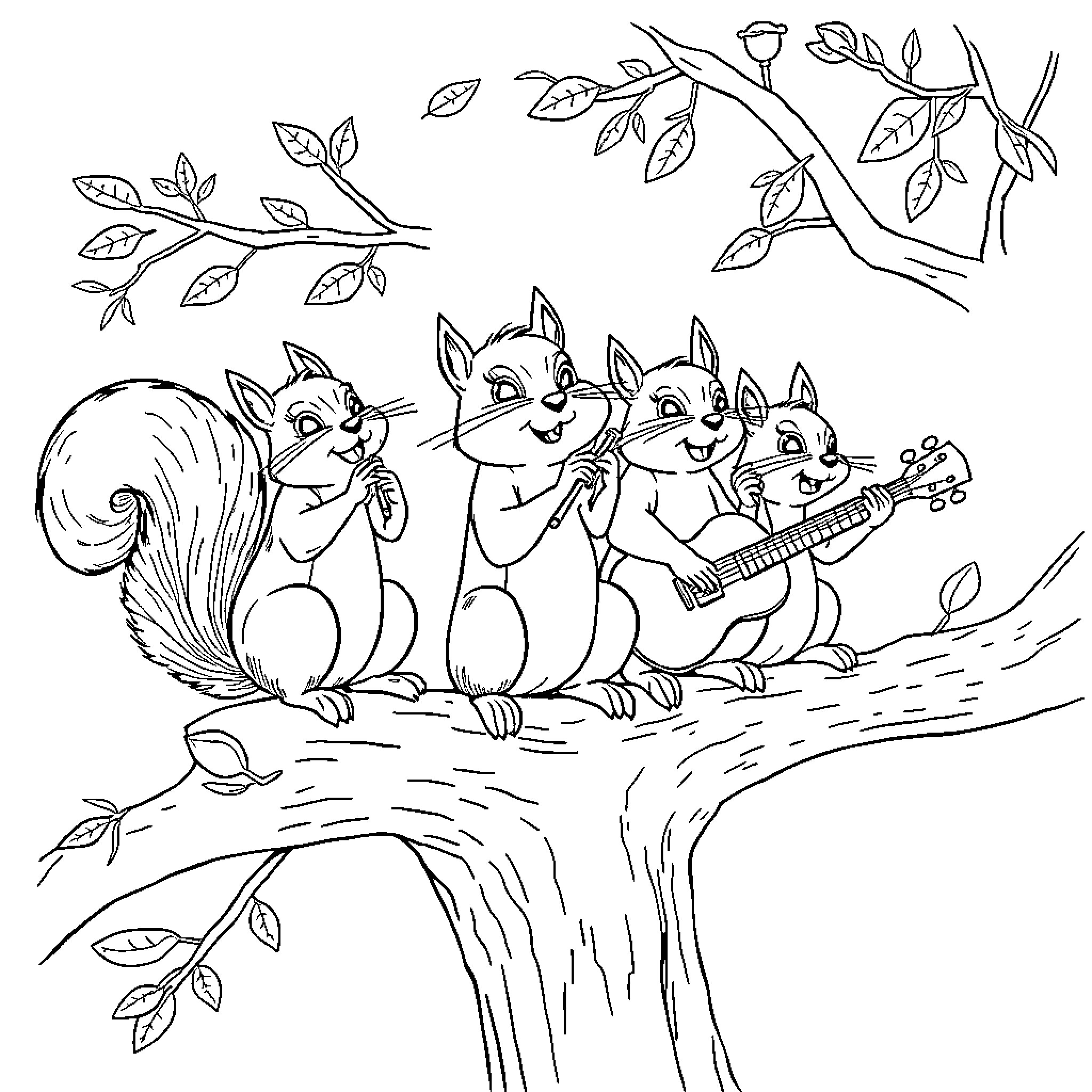 Squirrels playing music together on a tree branch Coloring Page (free black-and-white line drawing printable PDF for all, from beginners to advanced learners, including children, teens, adults, and seniors)