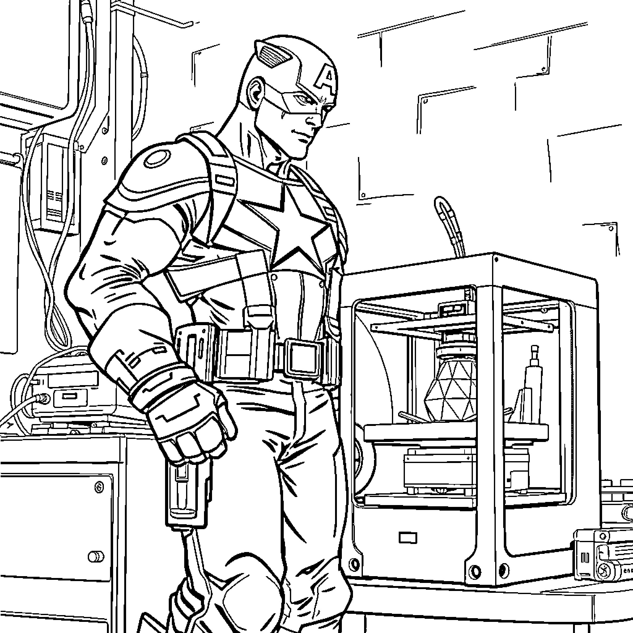 Captain America Stands Resolute Amidst Futuristic Technology Coloring Page (free black-and-white line drawing printable PDF for all, from beginners to advanced learners, including children, teens, adults, and seniors)