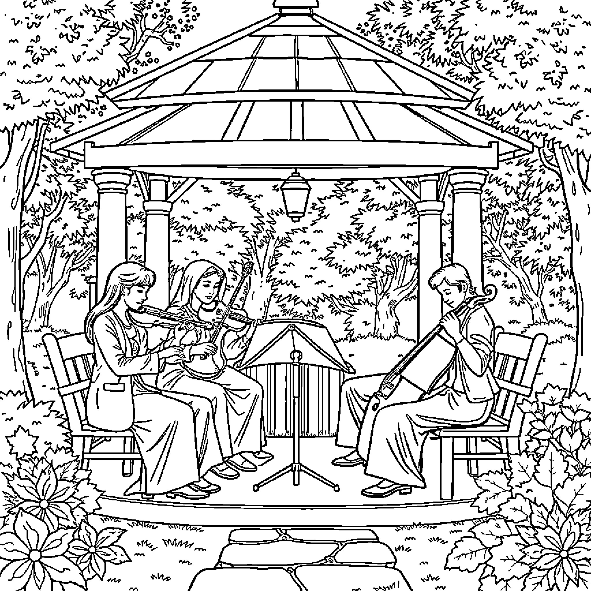 String Quartet Performing in Idyllic Garden Setting Coloring Page (free black-and-white line drawing printable PDF for all, from beginners to advanced learners, including children, teens, adults, and seniors)